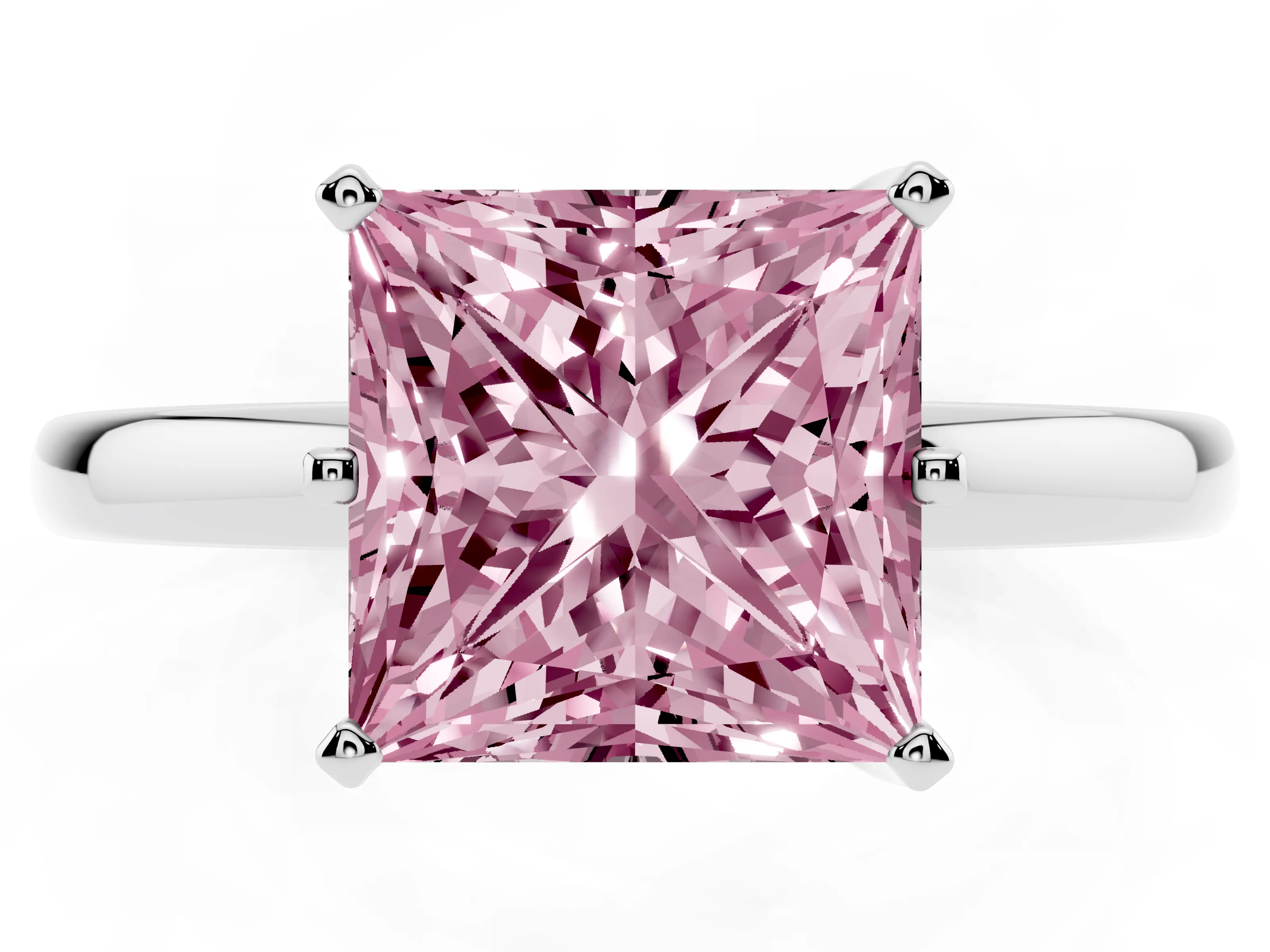 Fancy Pink Princess Cut Diamond Solitaire Ring Set in White gold with Raised Prong Setting on a Classic Band