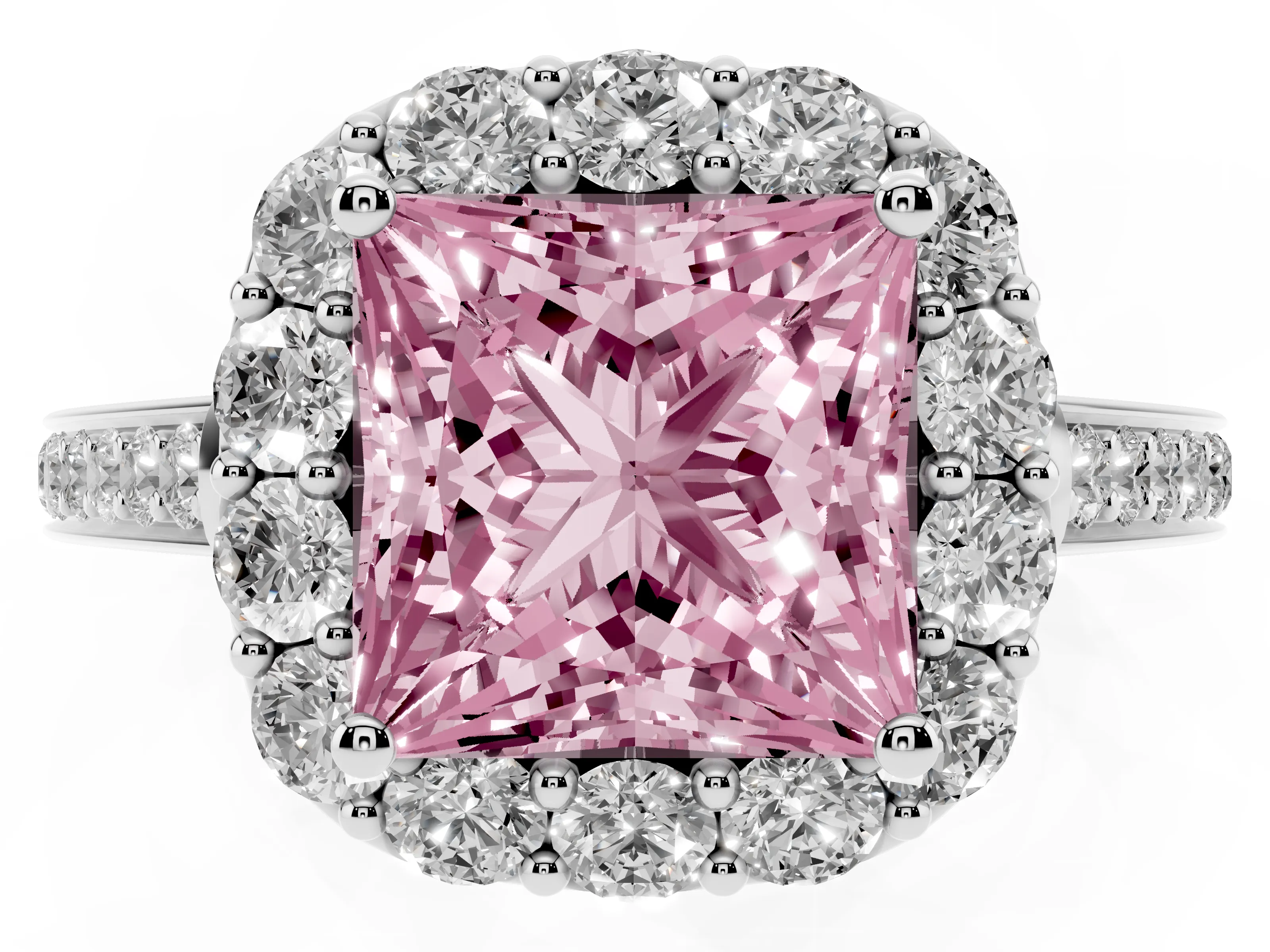 Fancy Pink Princess Cut Diamond Floral Halo Ring Set in White gold with Pavé Band and Prong Setting