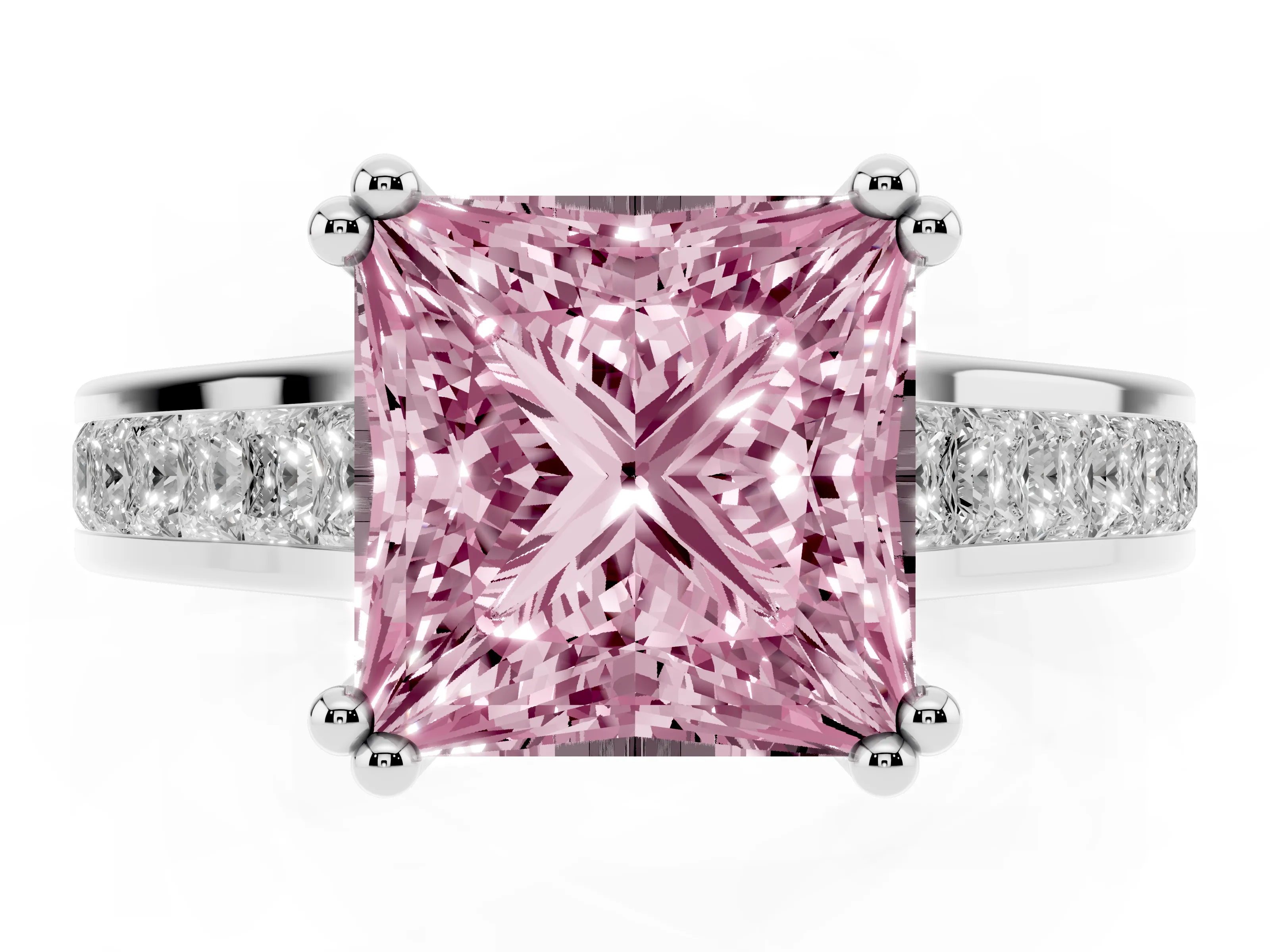 Fancy Pink Princess Cut Diamond Channel Set Solitaire Engagement Ring Set in Silver with Prong Setting
