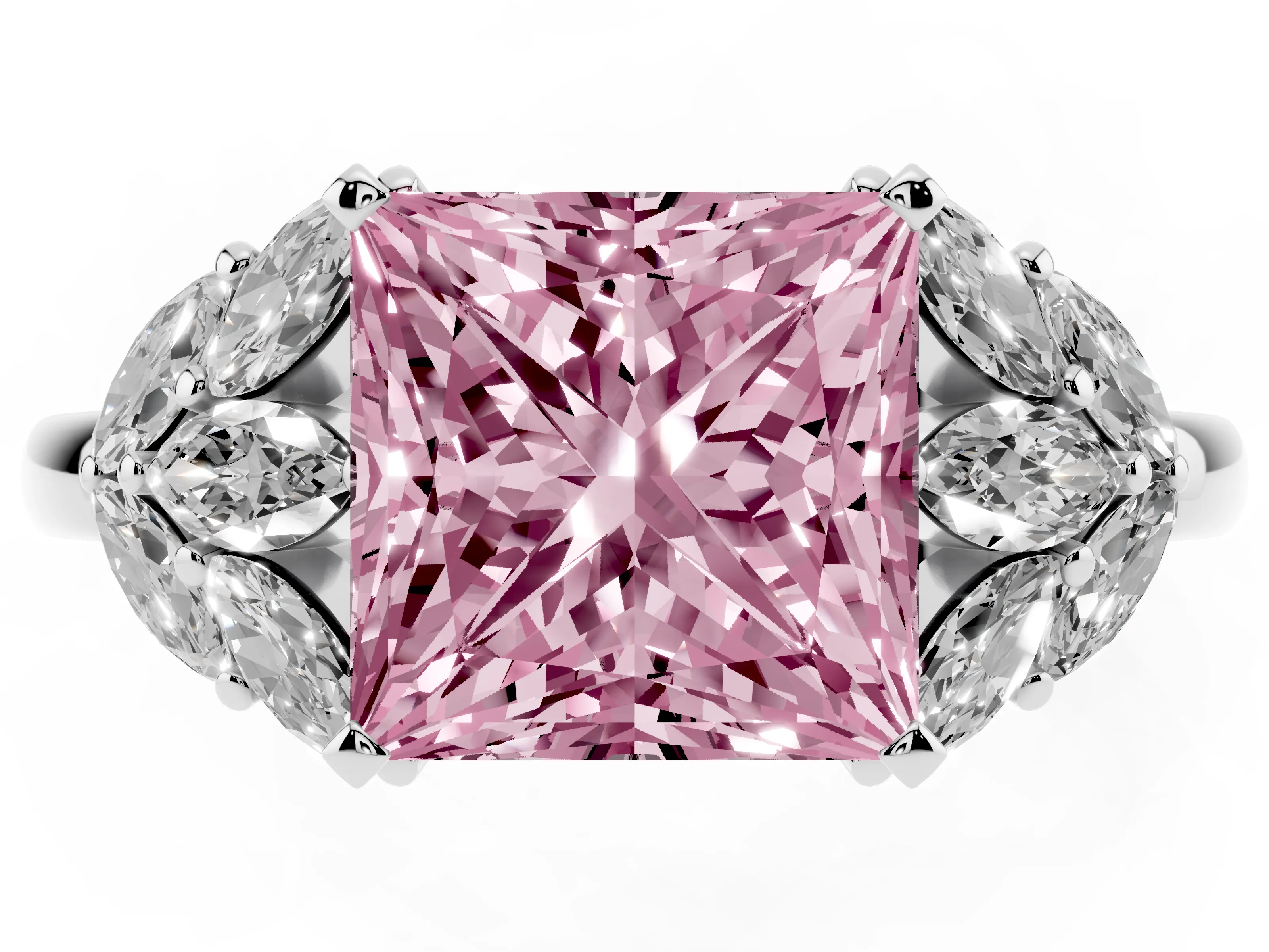 Fancy Pink Princess Cut Diamond Cluster Leaf Design Ring Set in White gold with Prong Setting