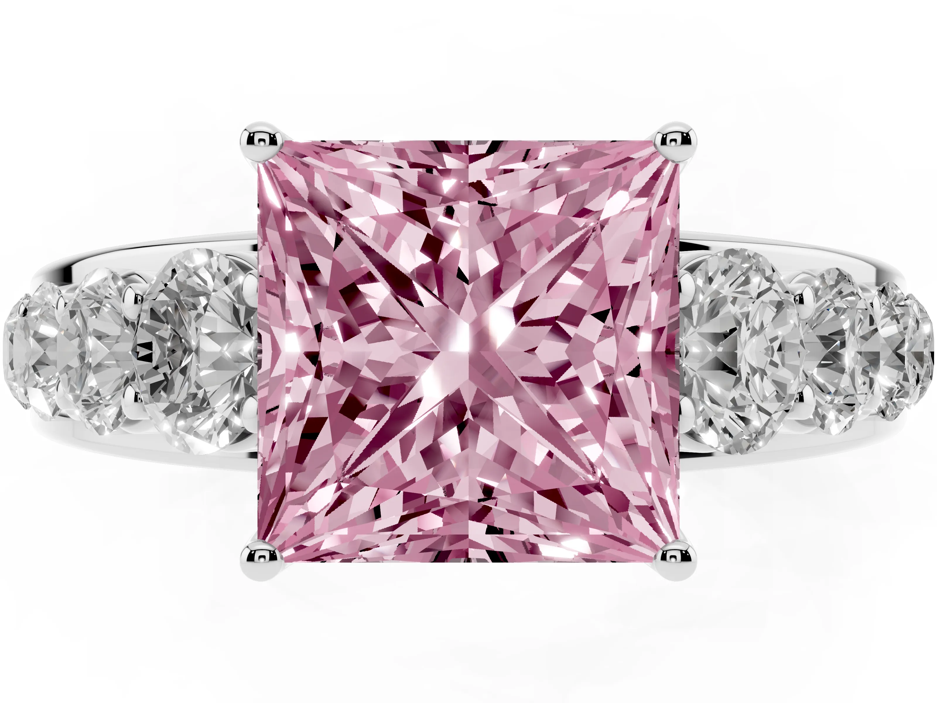 Fancy Pink Princess Cut Diamond Solitaire Ring Set in Platinum with Pavé-Set Band and Prong Setting