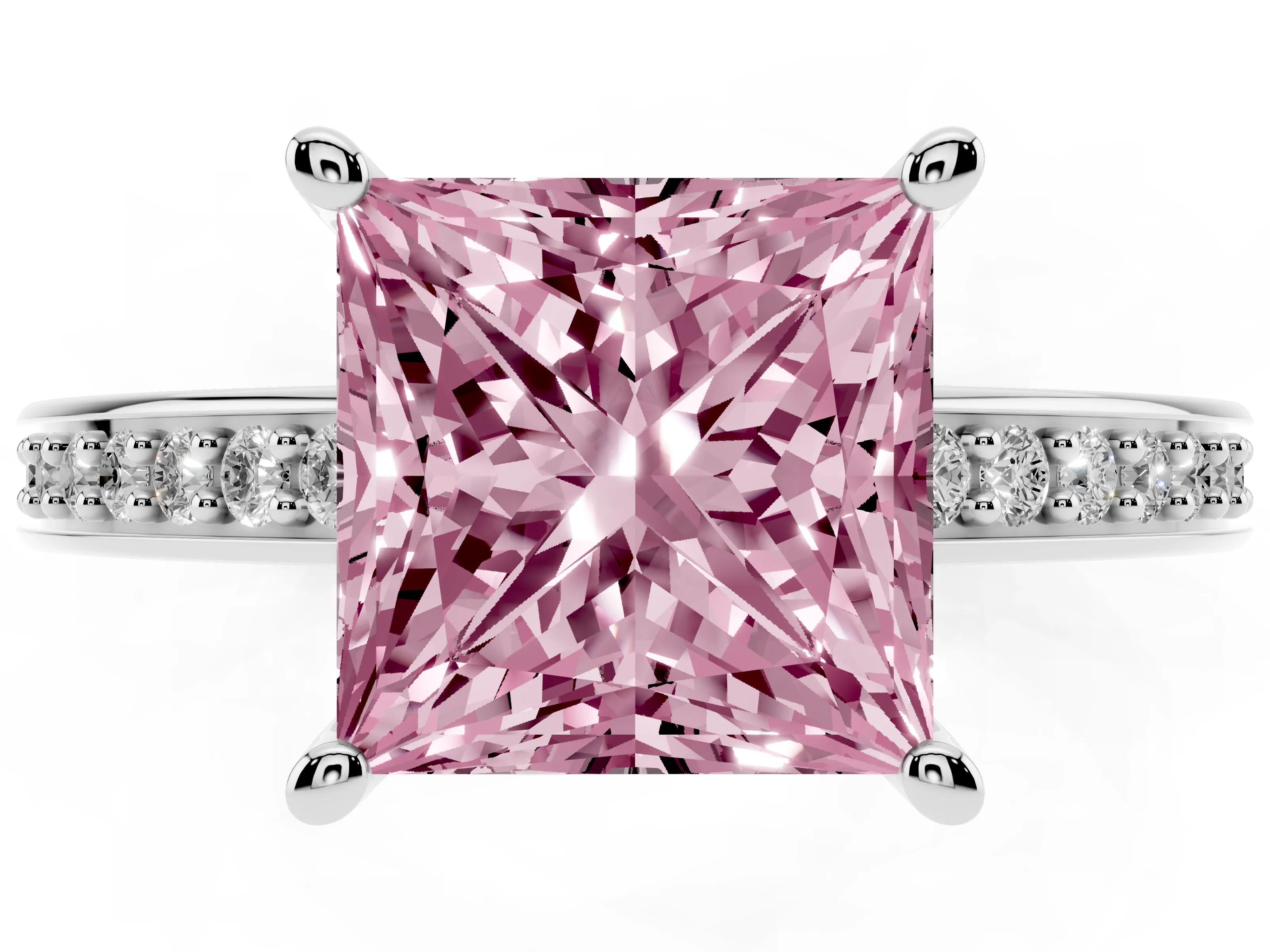 Fancy Pink Princess Cut Diamond Pavé Band Prong Set Solitaire Ring Set in Silver