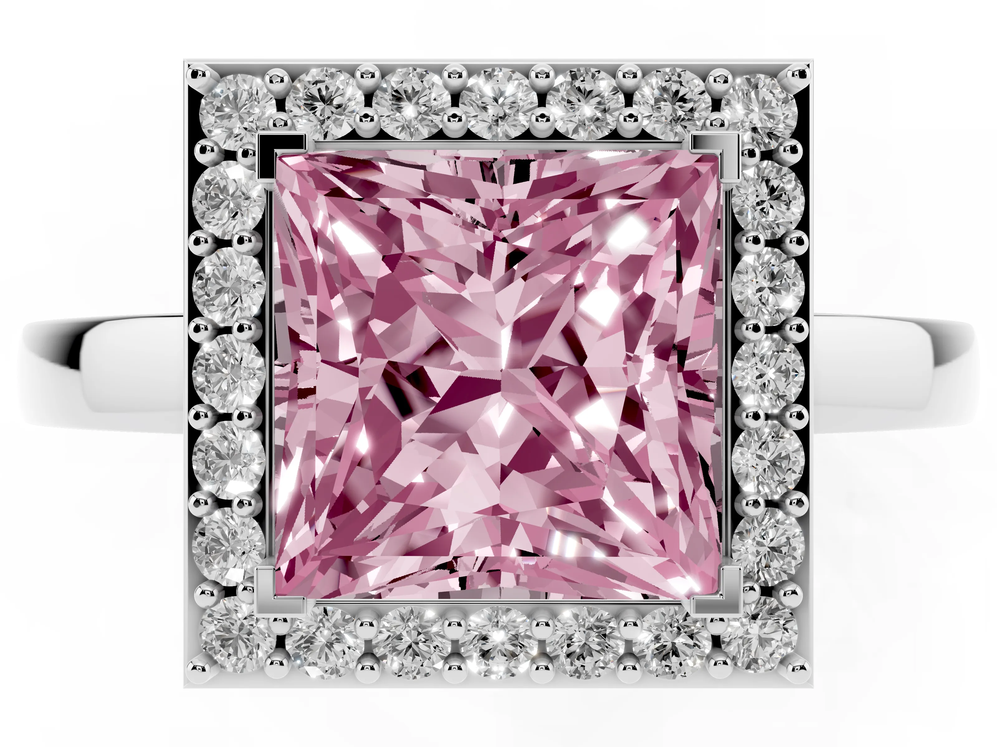 Fancy Pink Princess Cut Diamond Halo Ring Set in White gold with Solitaire Band and Prong Setting