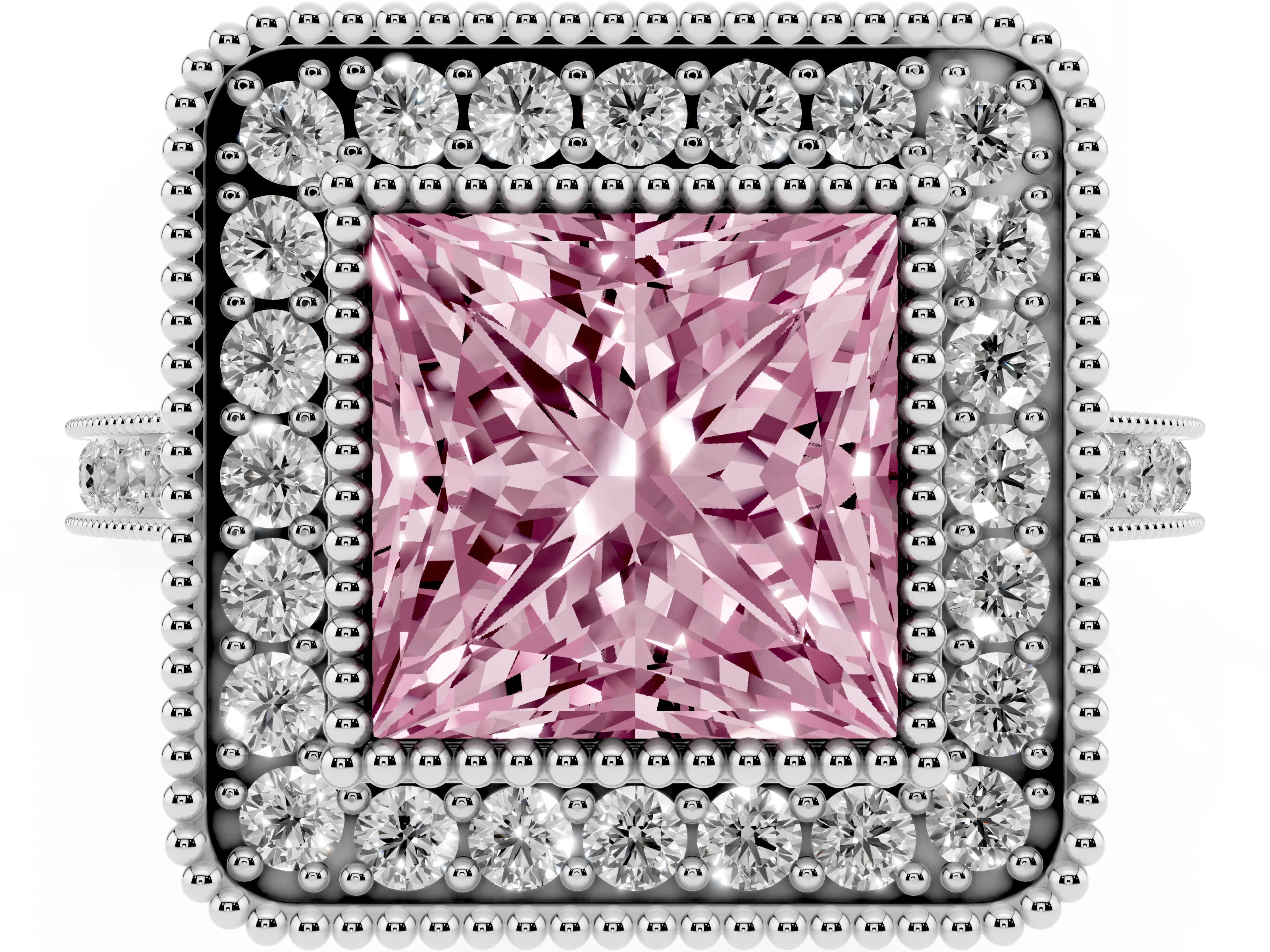Fancy Pink Princess Cut Diamond Halo Ring Set in White gold with Milgrain Frame and Pavé Band