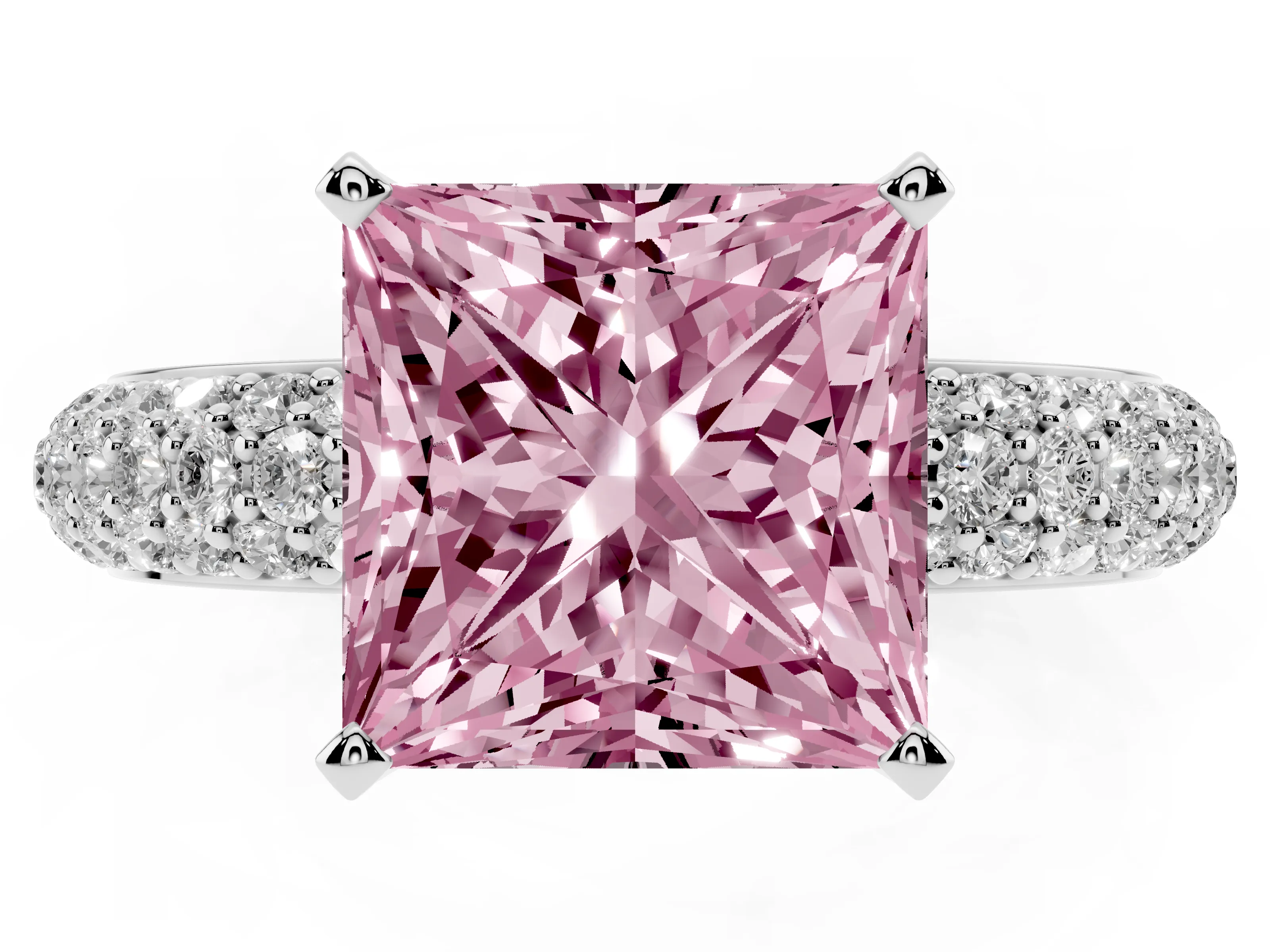 Fancy Pink Princess Cut Diamond Solitaire Ring Set in Silver with Prong Setting and Pavé-Set Band