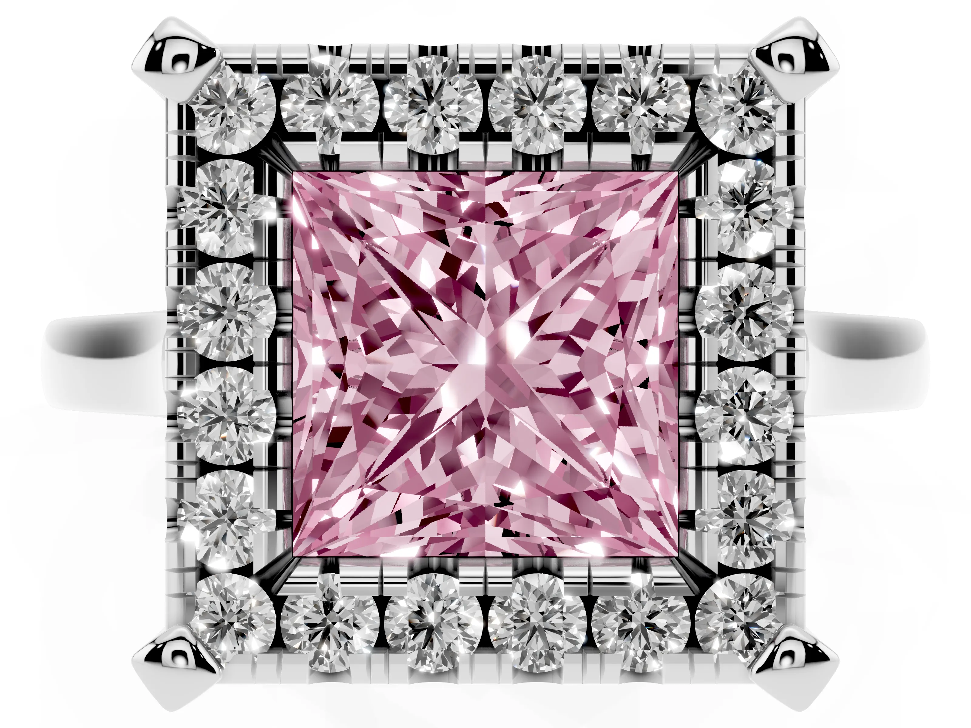 Fancy Pink Princess Cut Diamond Cluster Halo Solitaire Ring Set in Platinum with Prong Setting