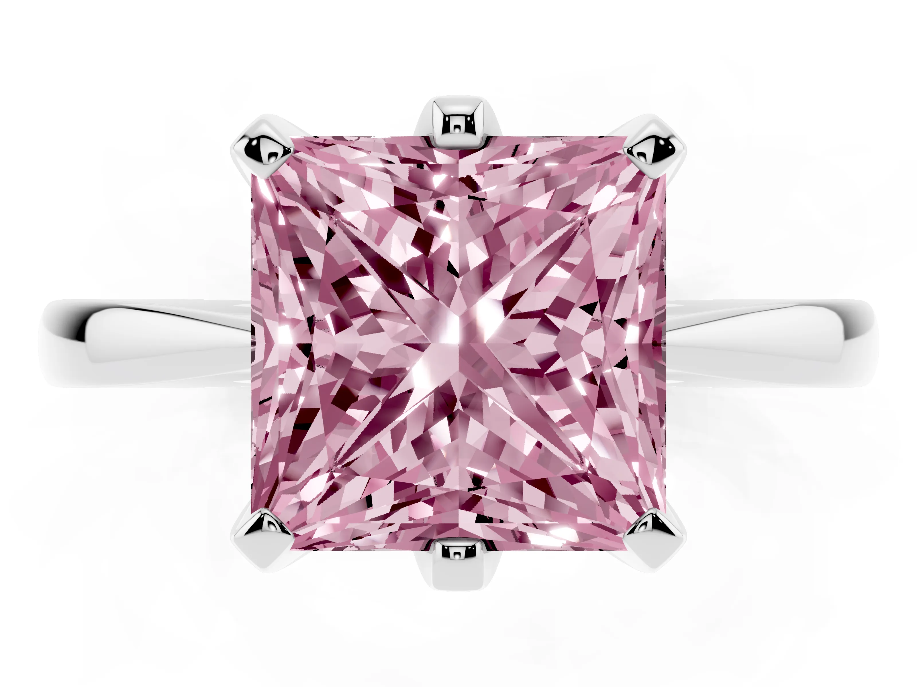 Fancy Pink Princess Cut Diamond Solitaire Engagement Ring Set in Platinum with Slim Tapered Solitaire Band