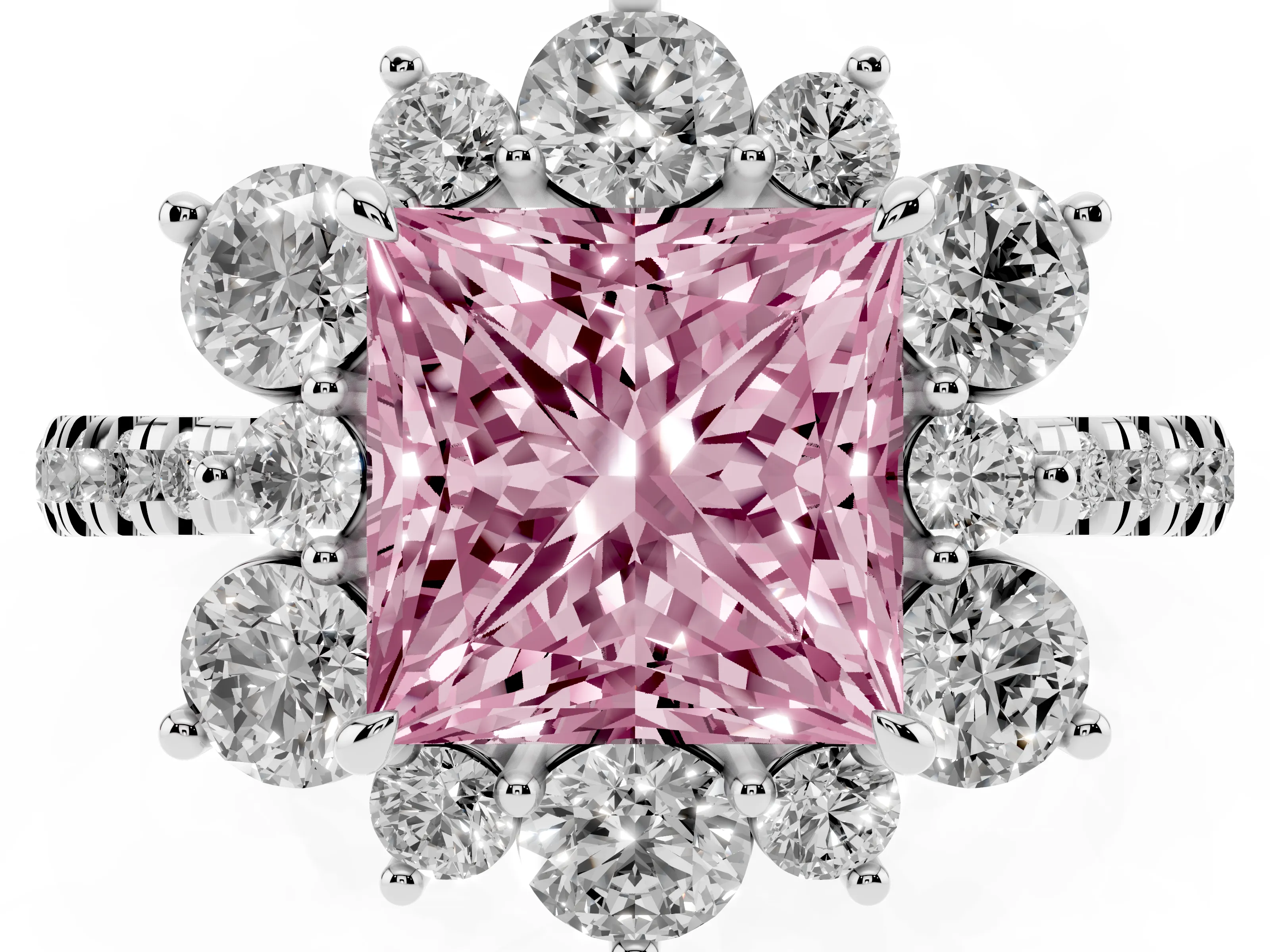 Fancy Pink Princess Cut Diamond Floral Halo Ring Set in White gold with Round Pavé Band and Prong Setting