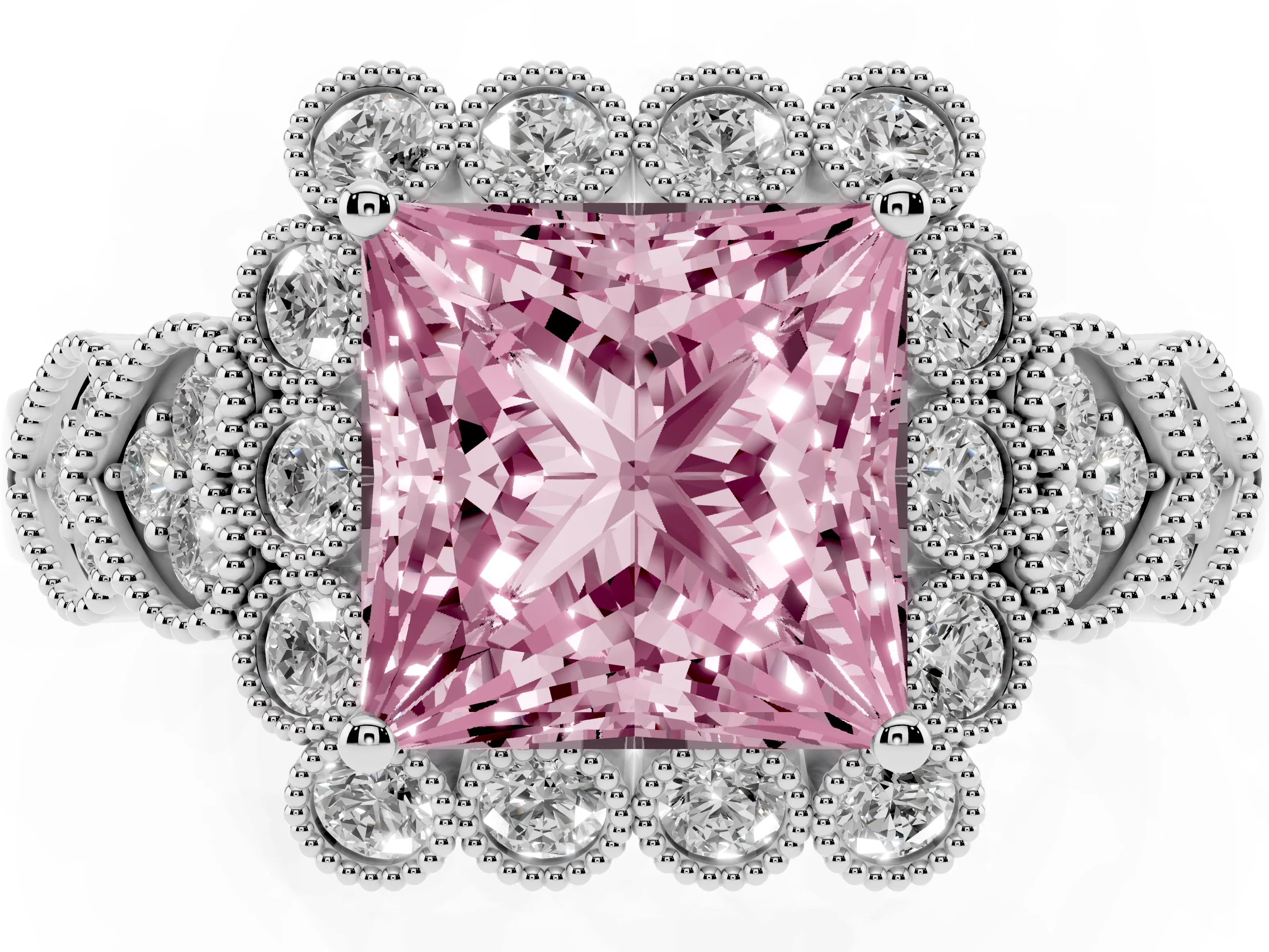 Fancy Pink Princess Cut Diamond Solitaire Ring Set in Silver with Milgrain Pavé Heart Band