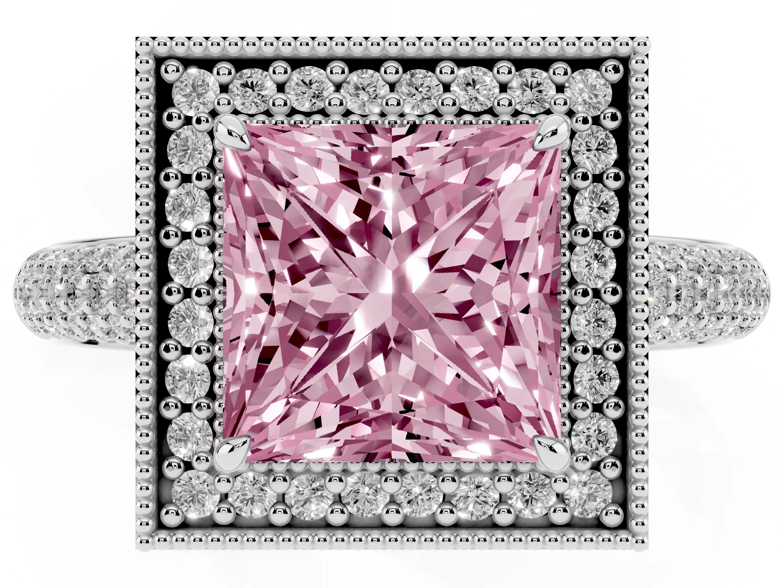 Fancy Pink Princess Cut Diamond Halo Pavé Band Set in White gold with Prong Setting