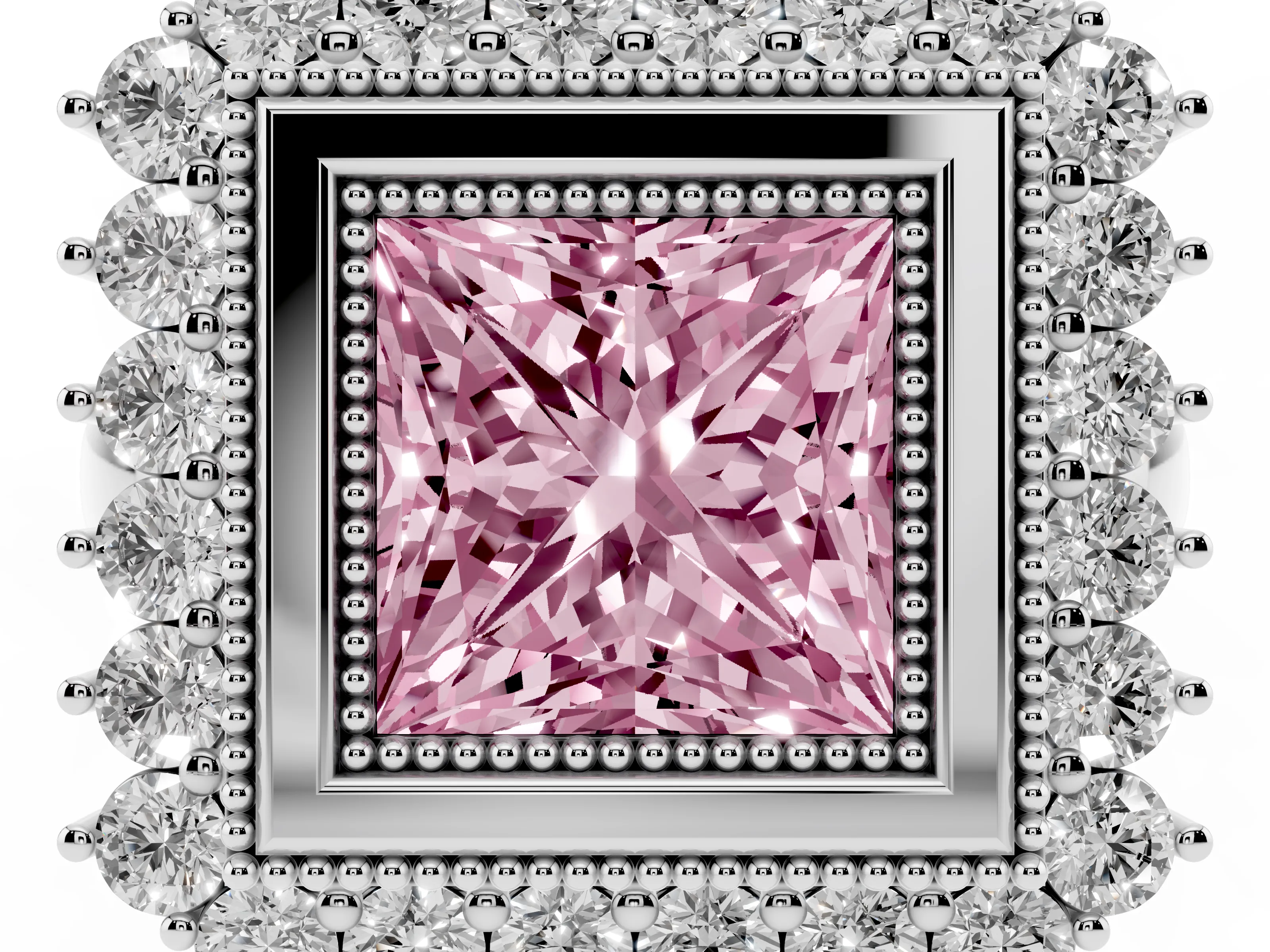 Fancy Pink Princess Cut Diamond Halo Ring Set in Platinum with Milgrain Edge and Round Prong Setting