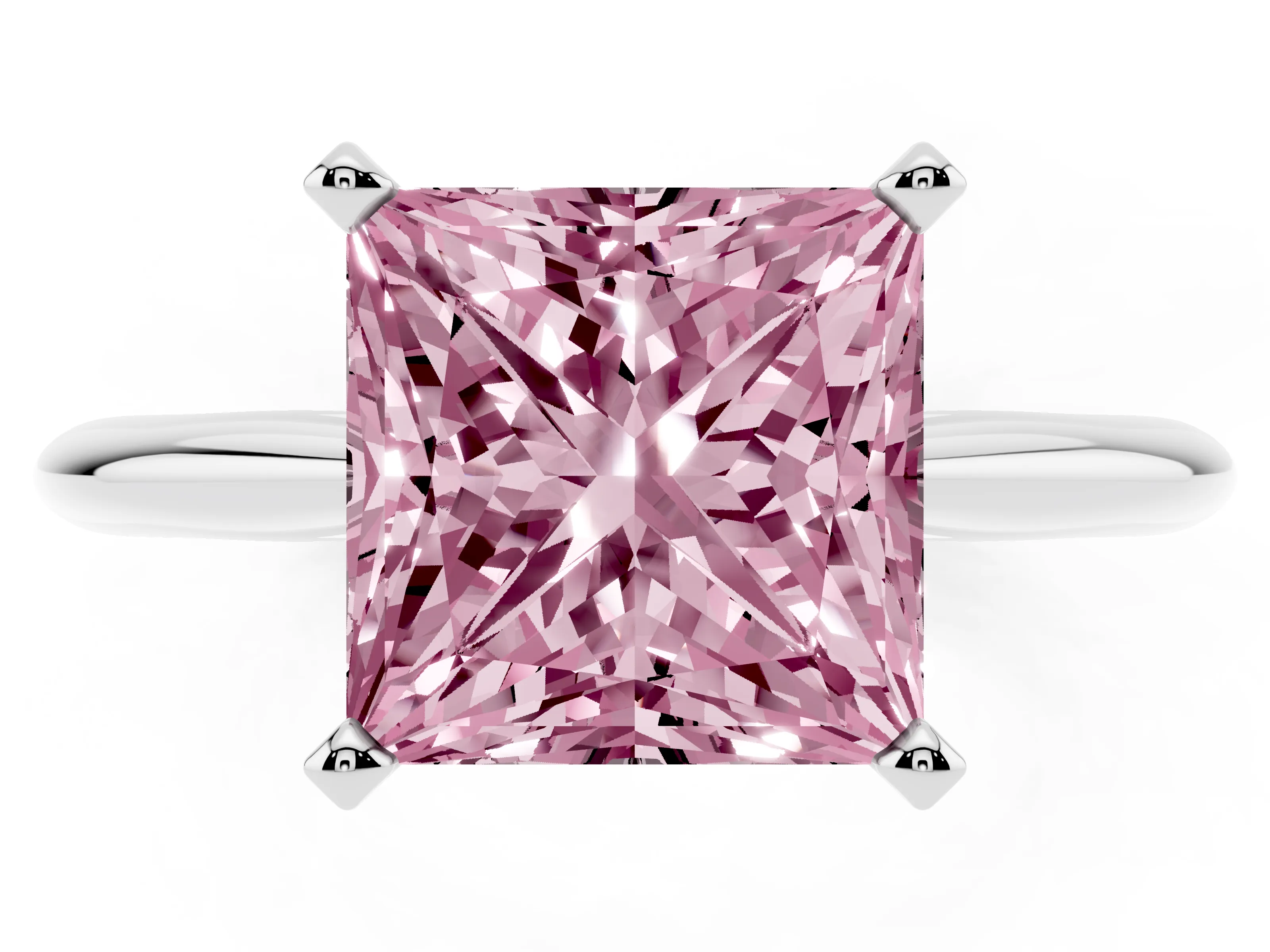 Fancy Pink Princess Cut Diamond Solitaire Ring Set in Silver with Prong Setting on a Plain Round Band