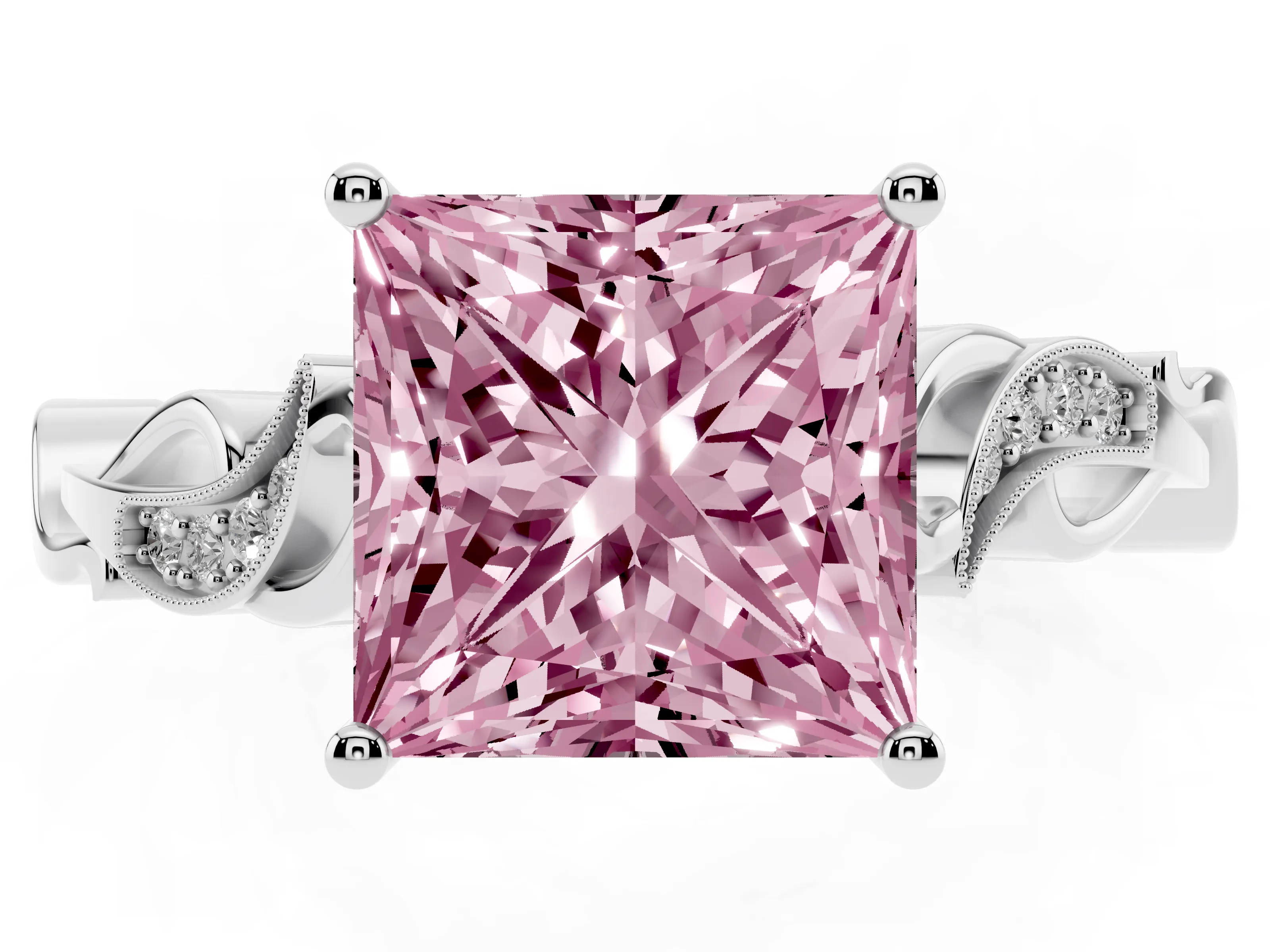 Fancy Pink Princess Cut Diamond Vine Band Solitaire Ring Set in White gold with Milgrain Prong Setting