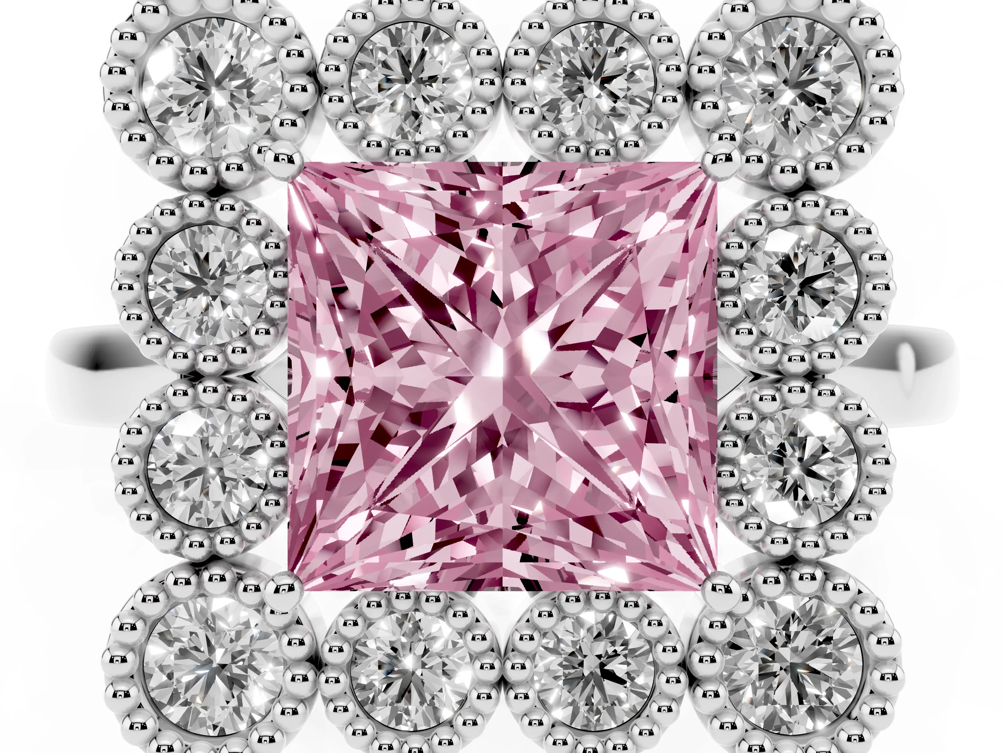 Fancy Pink Princess Cut Diamond Cluster Halo Ring Set in White gold with Milgrain Bezel Accents and Plain Band