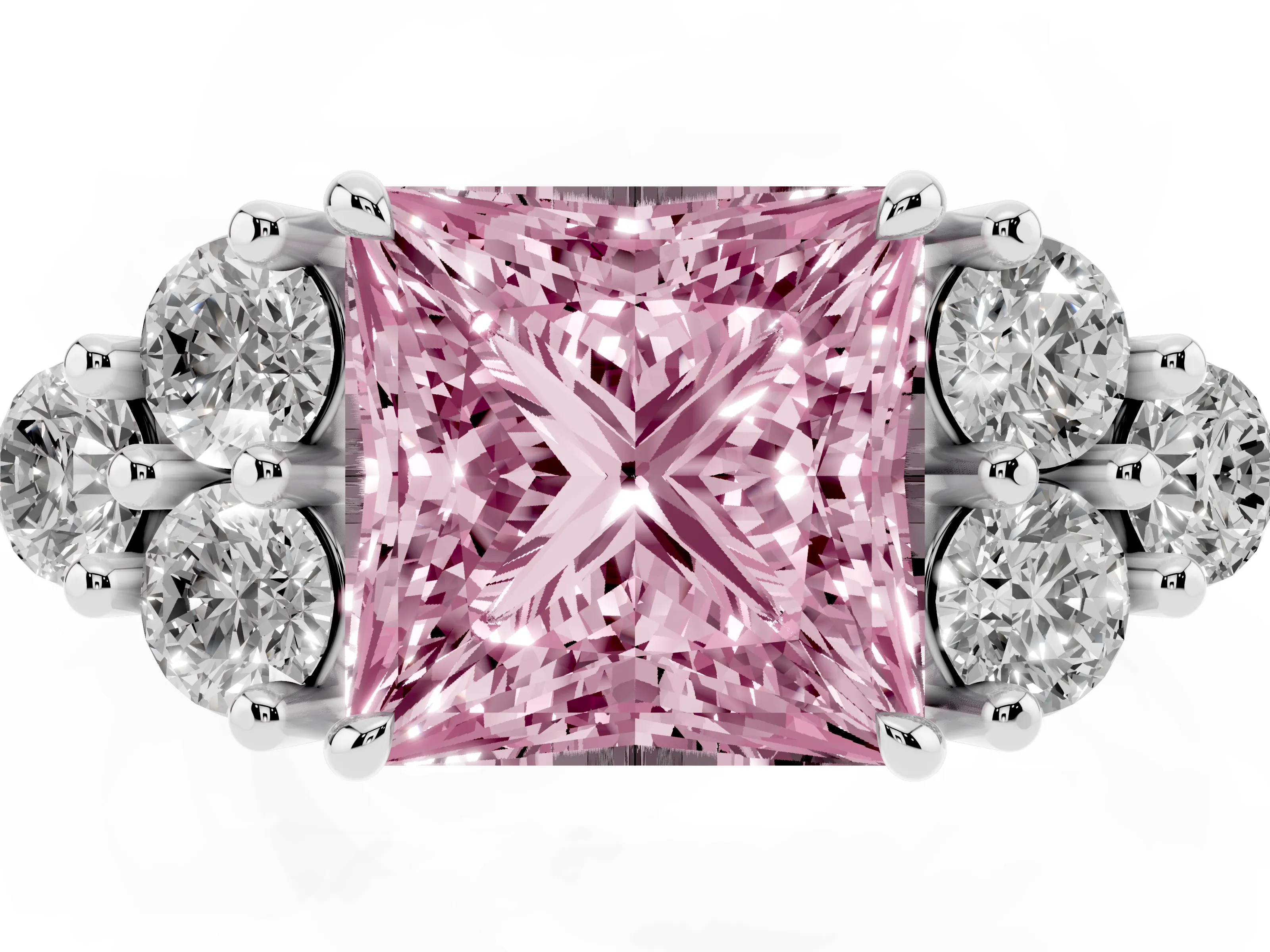 Fancy Pink Princess Cut Diamond Solitaire Ring Set in Platinum with Cluster Accents on Each Side