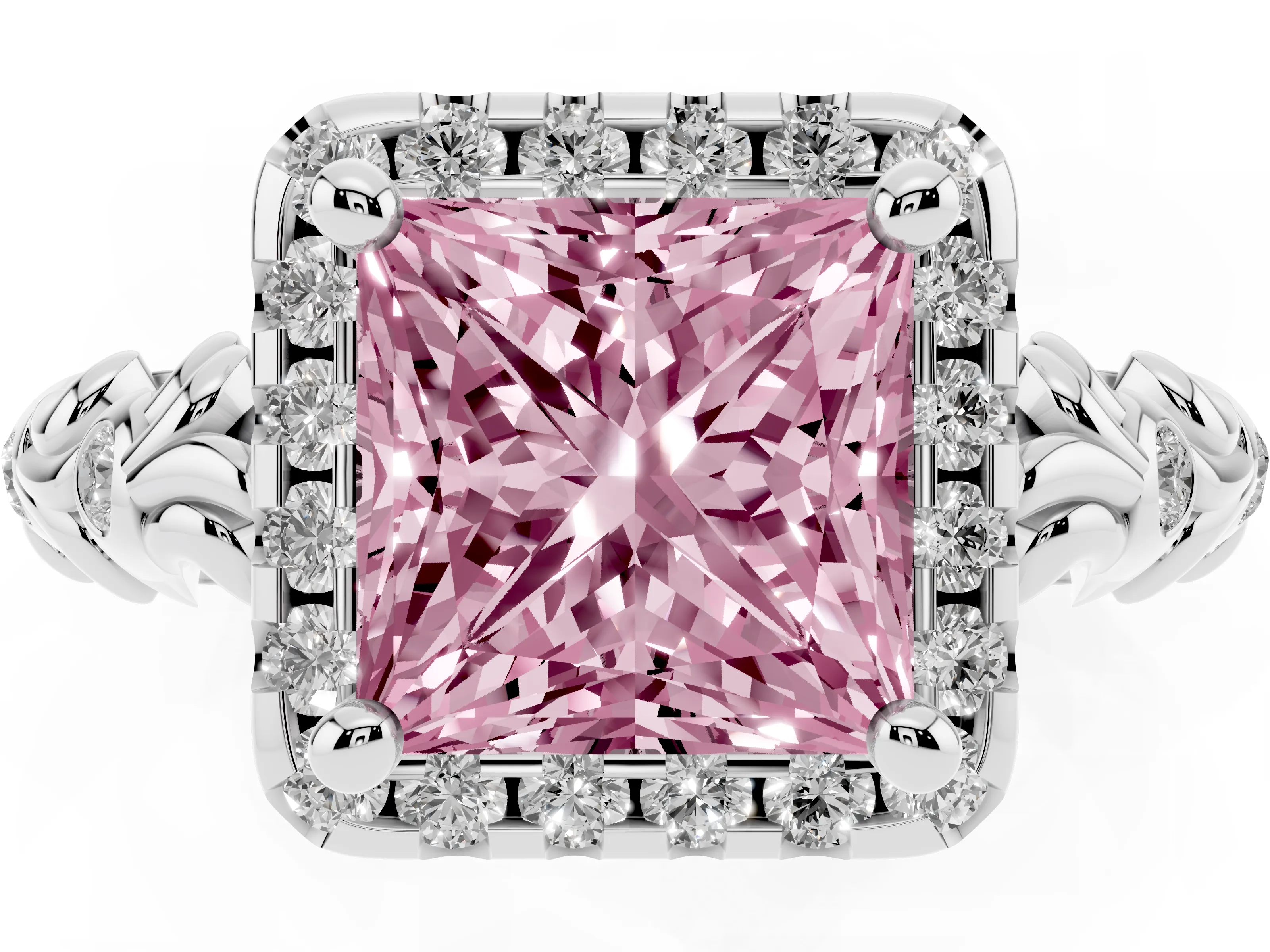 Fancy Pink Princess Cut Diamond Halo Ring Set in Silver with Filigree Leaf Band and Prong Setting