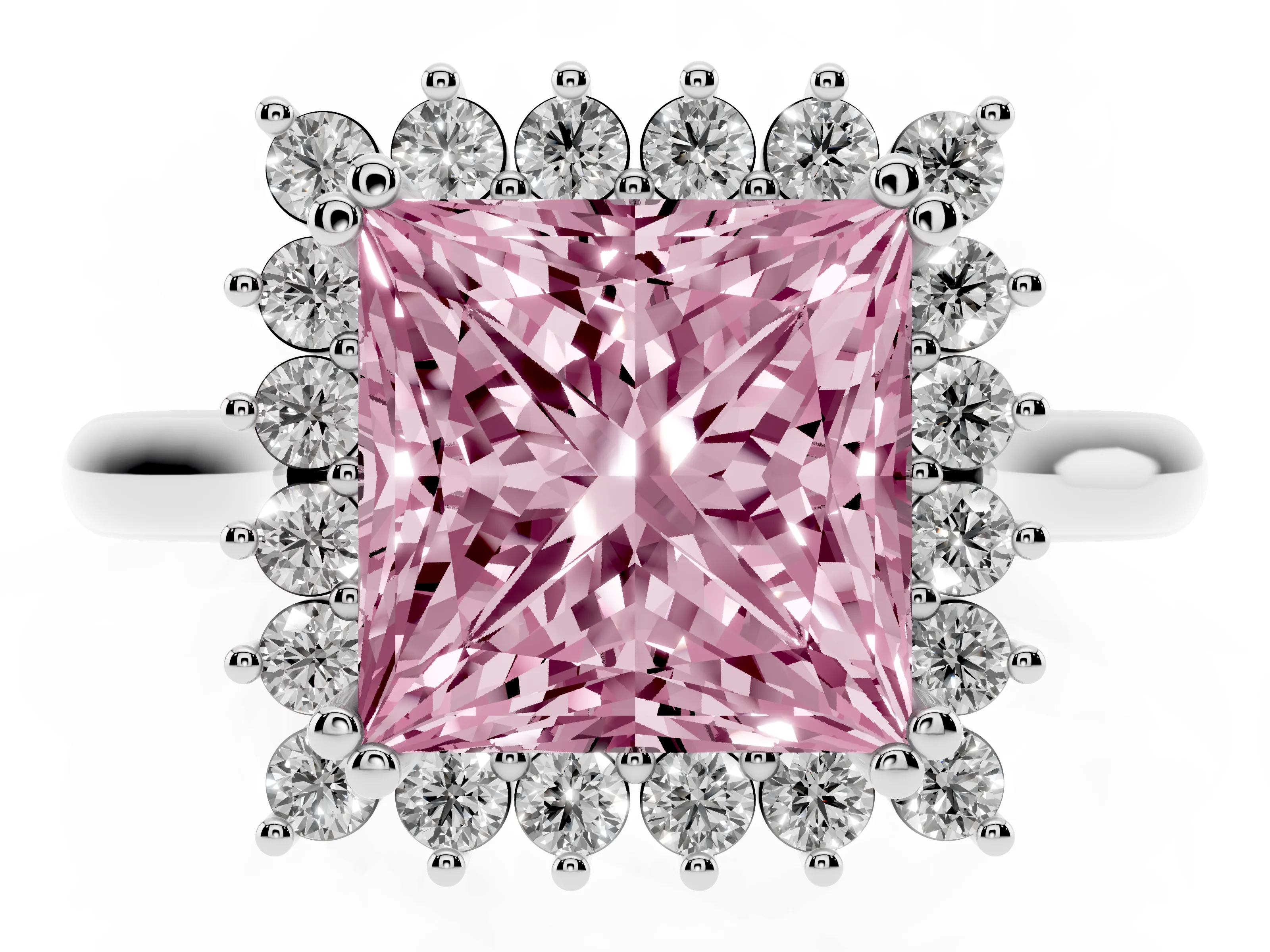 Fancy Pink Princess Cut Diamond Halo Ring Set in Platinum with Plain Solitaire Band and Prong Setting