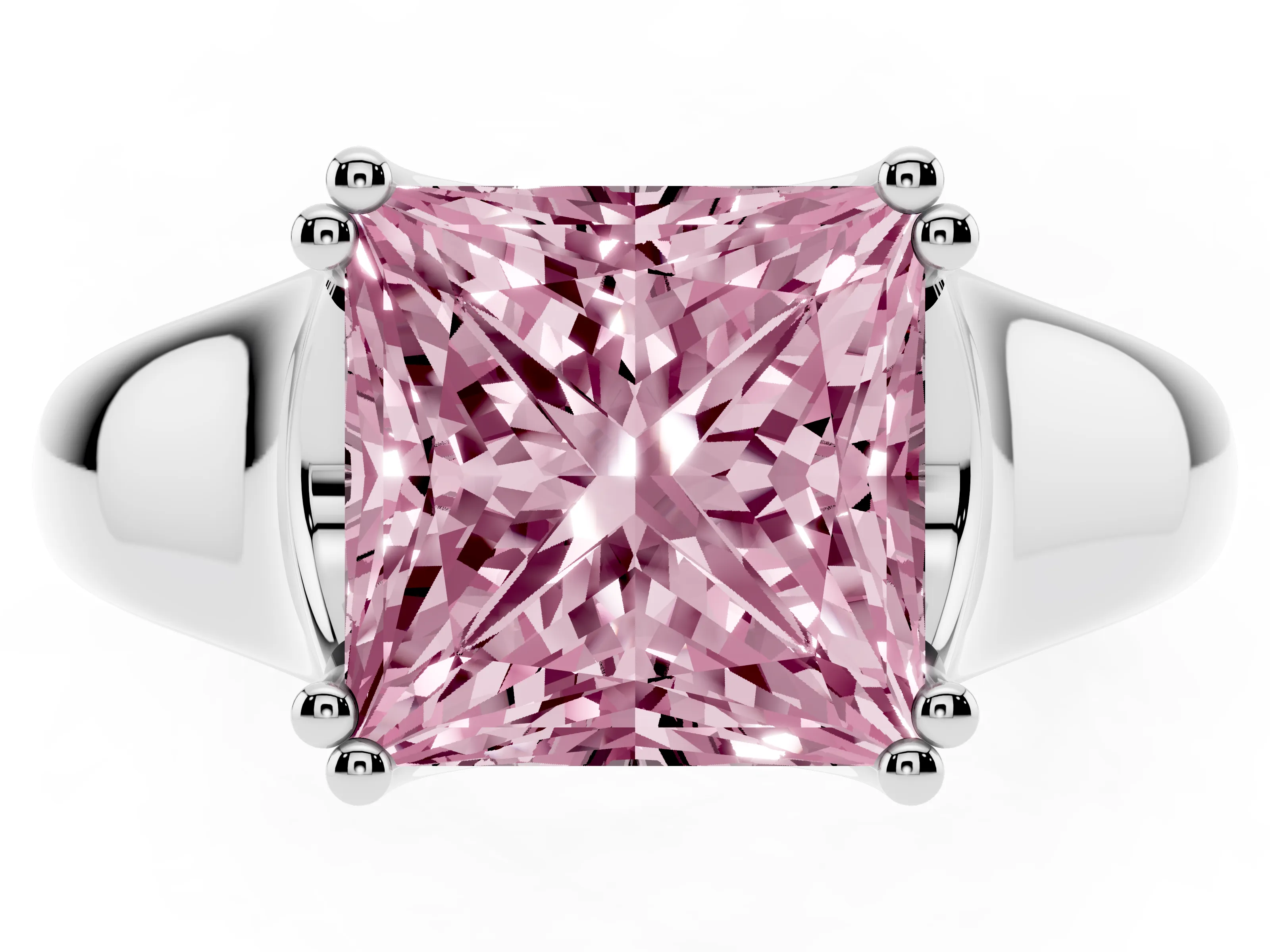 Fancy Pink Princess Cut Diamond Solitaire Ring Set in Platinum with Wide Band and Prong Setting
