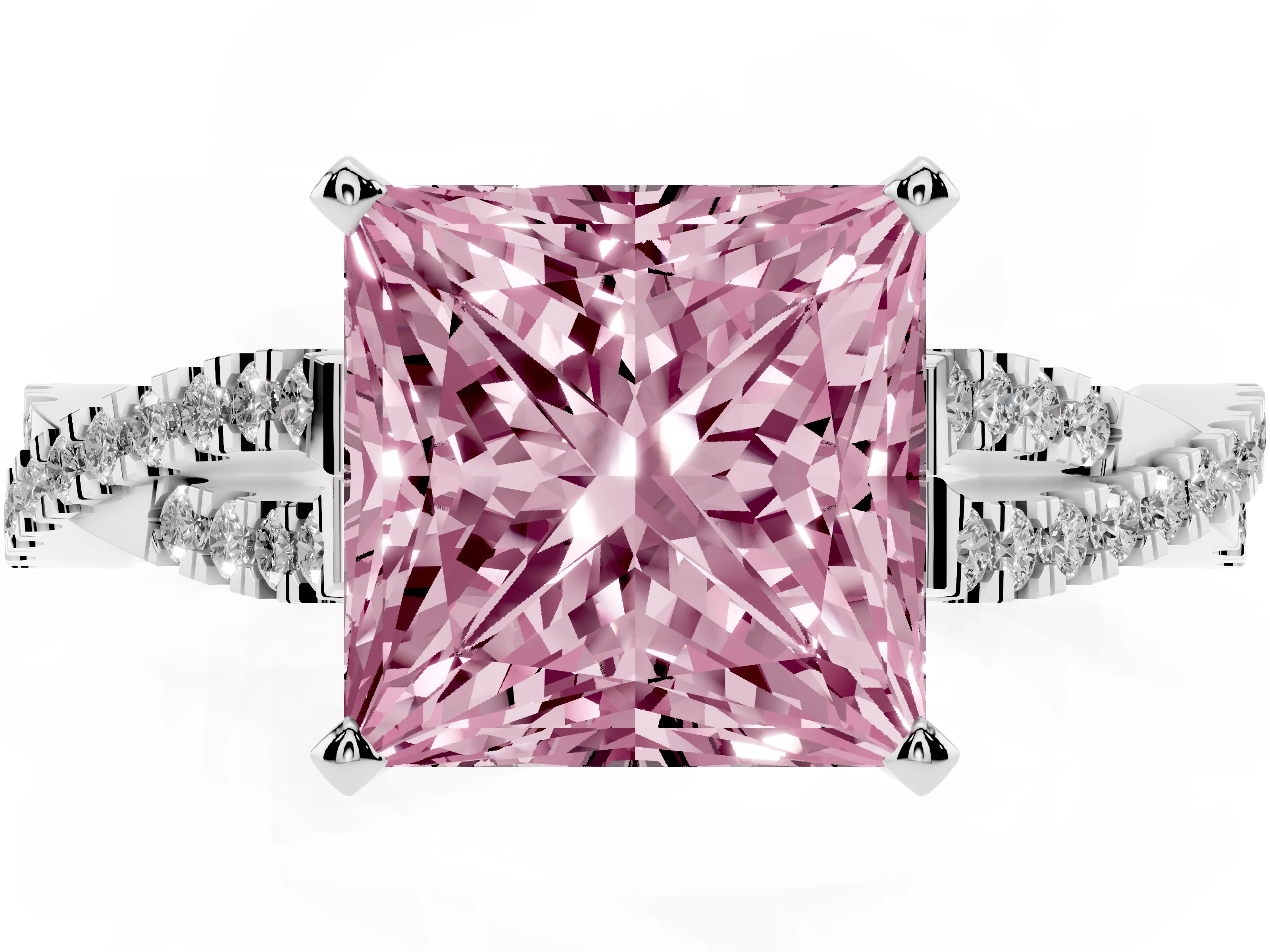 Fancy Pink Princess Cut Diamond Solitaire Engagement Ring Set in Platinum with Twisted Pavé Band and Prong Setting