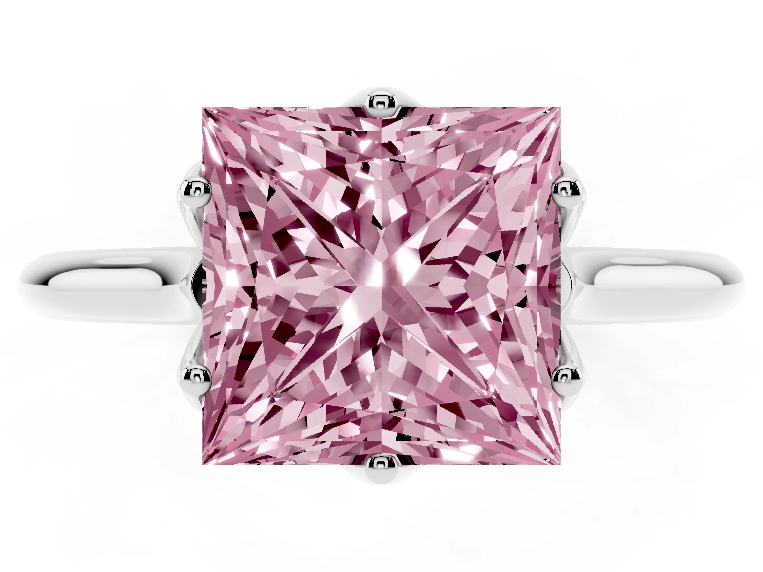 Fancy Pink Princess Cut Diamond Solitaire Cathedral Ring Set in Silver with Prong Setting