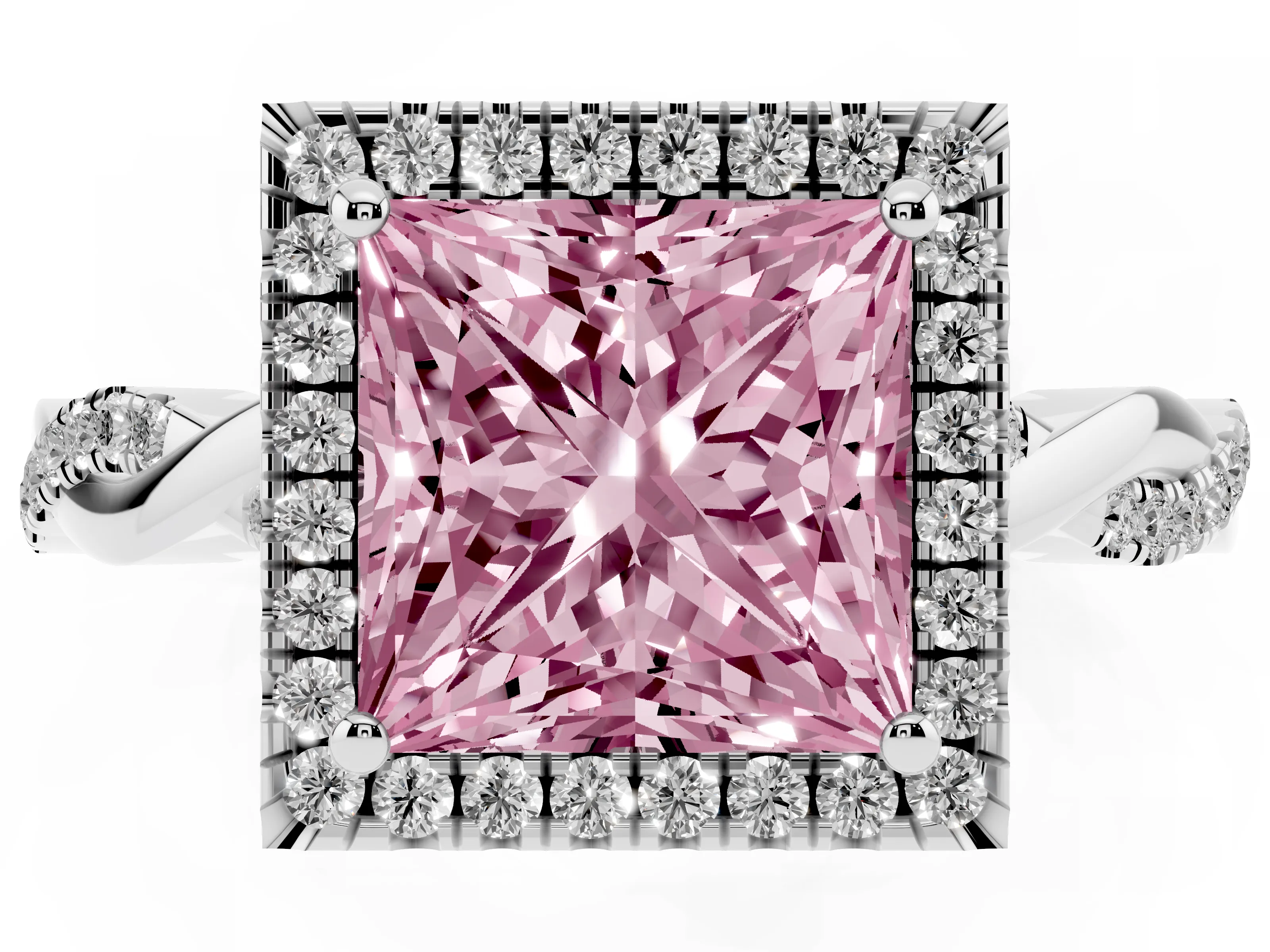 Fancy Pink Princess Cut Diamond Halo Twisted Band Ring Set in White gold with Prong Setting