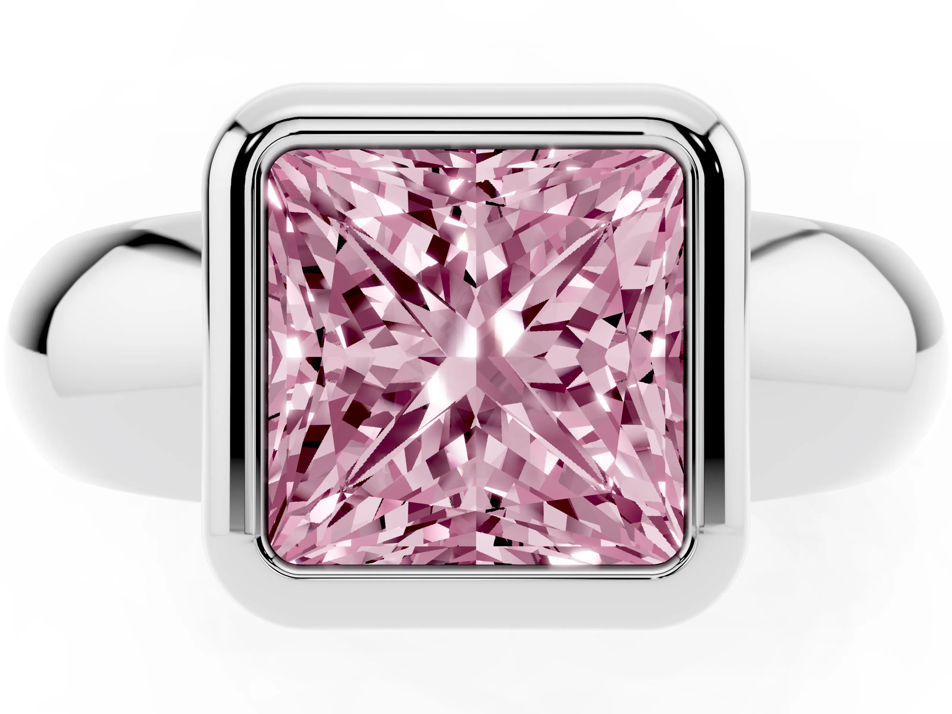 Fancy Pink Bezel Set Princess Cut Diamond Solitaire Ring Set in White gold with Wide Band