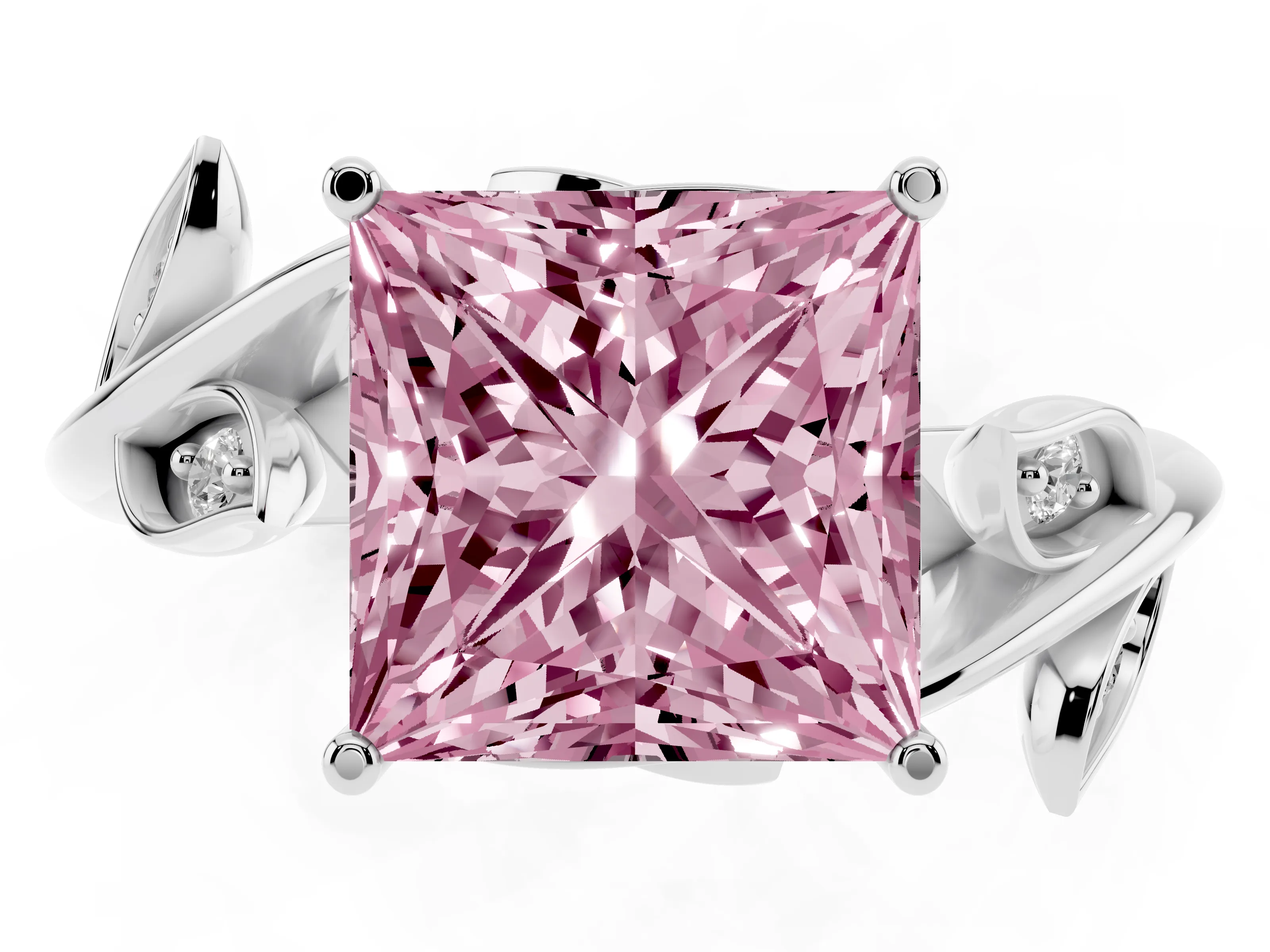 Fancy Pink Princess Cut Diamond Solitaire Twist Engagement Ring Set in White gold with Pavé Leaf Accents