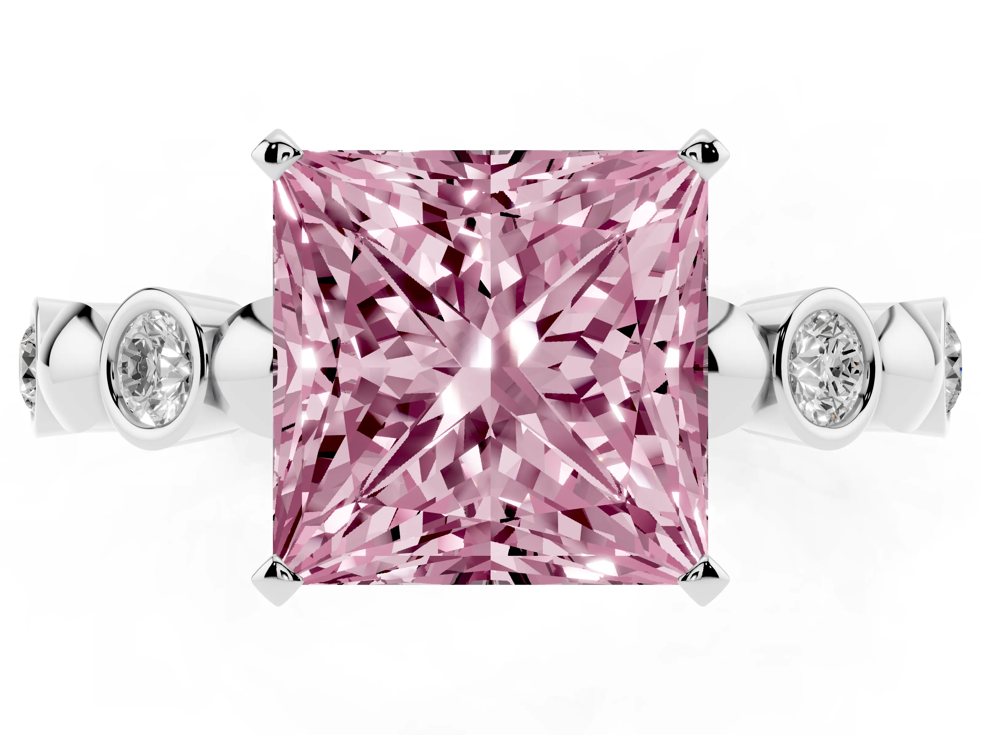 Fancy Pink Princess Cut Diamond Solitaire Ring Set in Silver with Bezel-Set Accents on Beaded Band and Prong Setting