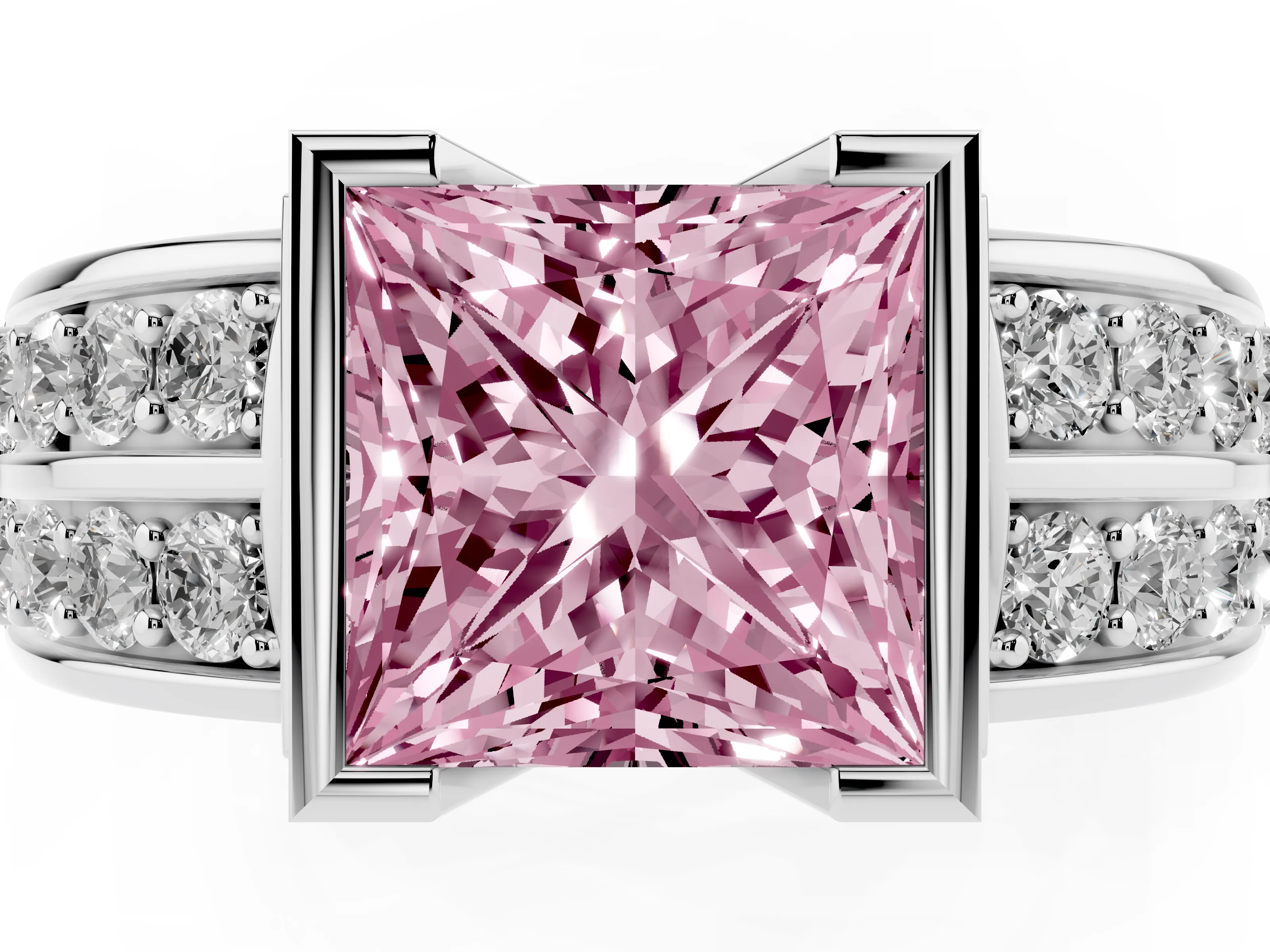 Fancy Pink Princess Cut Diamond Wide Channel Set Band Ring Set in Platinum with Bezel Setting
