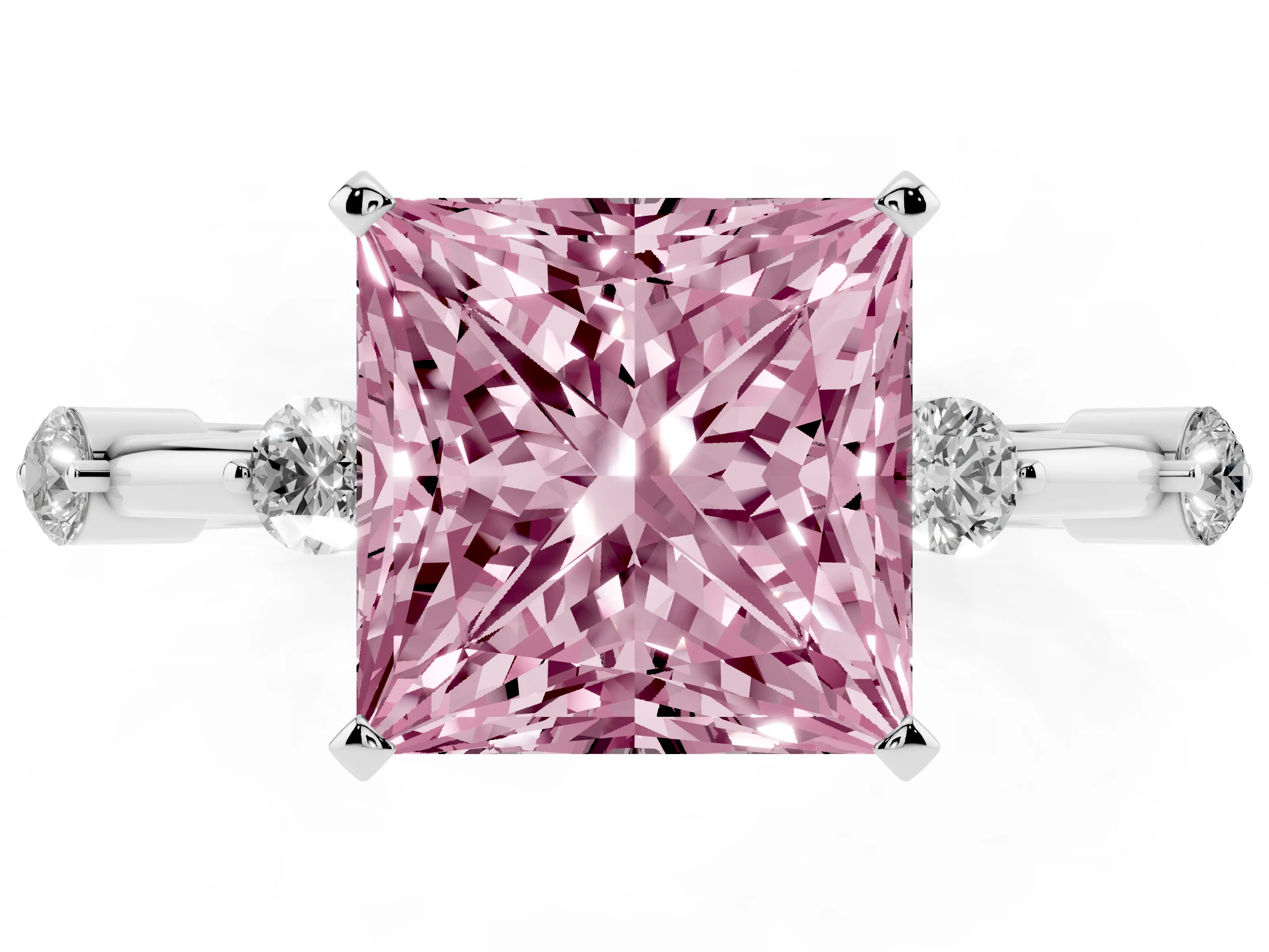 Fancy Pink Princess Cut Diamond Solitaire Ring Set in Silver with Bezel Set Side Stones and Prong Setting