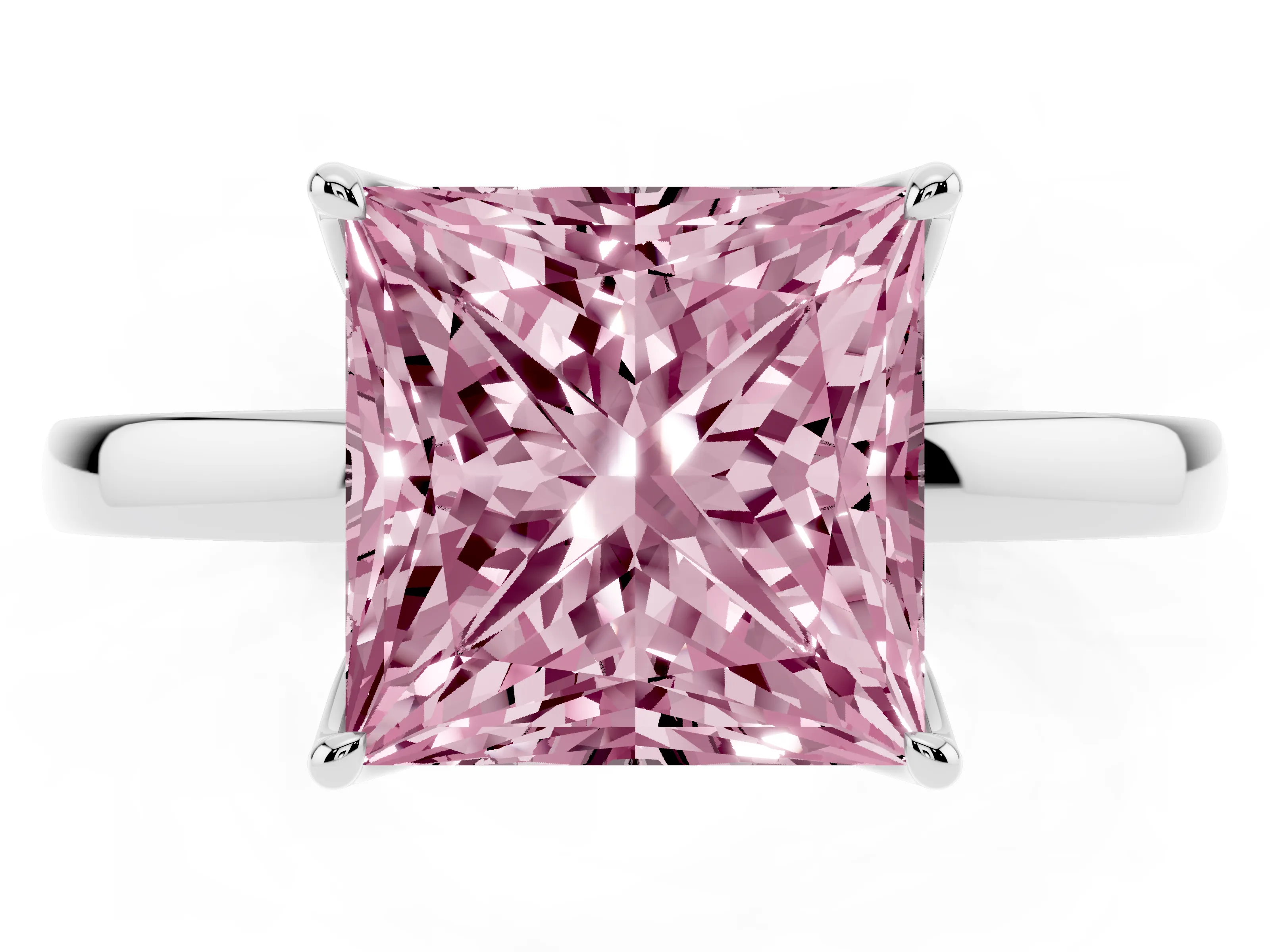 Fancy Pink Princess Cut Diamond Solitaire Ring Set in White gold with Prong Setting and Thin Polished Band