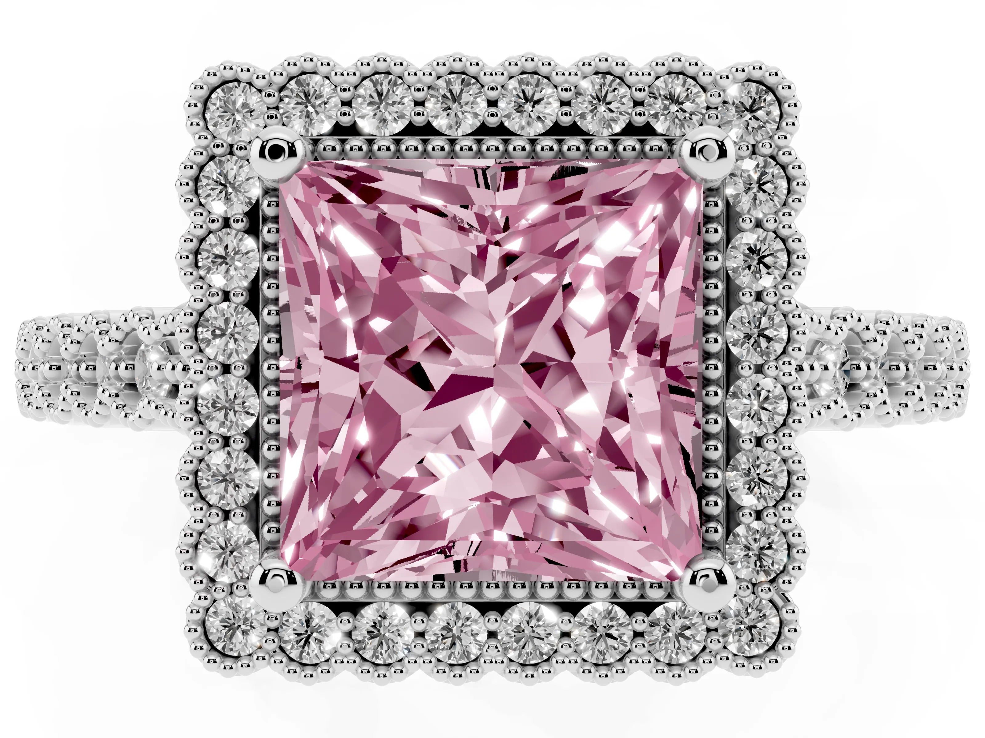 Fancy Pink Princess Cut Diamond Halo Ring Set in White gold with Pavé Milgrain Band