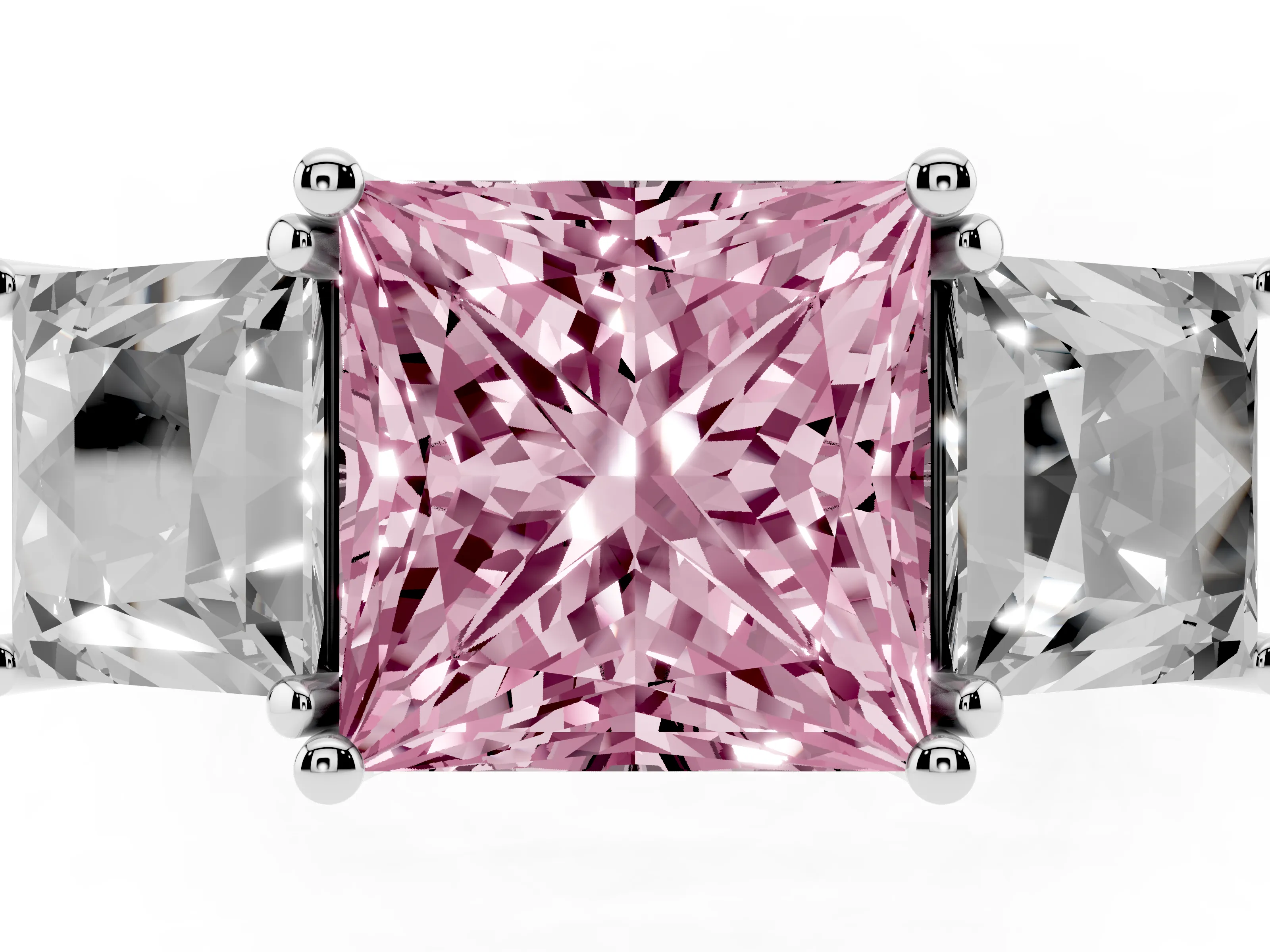 Fancy Pink Princess Cut Diamond Three-Stone Ring Set in Silver with Pavé Band