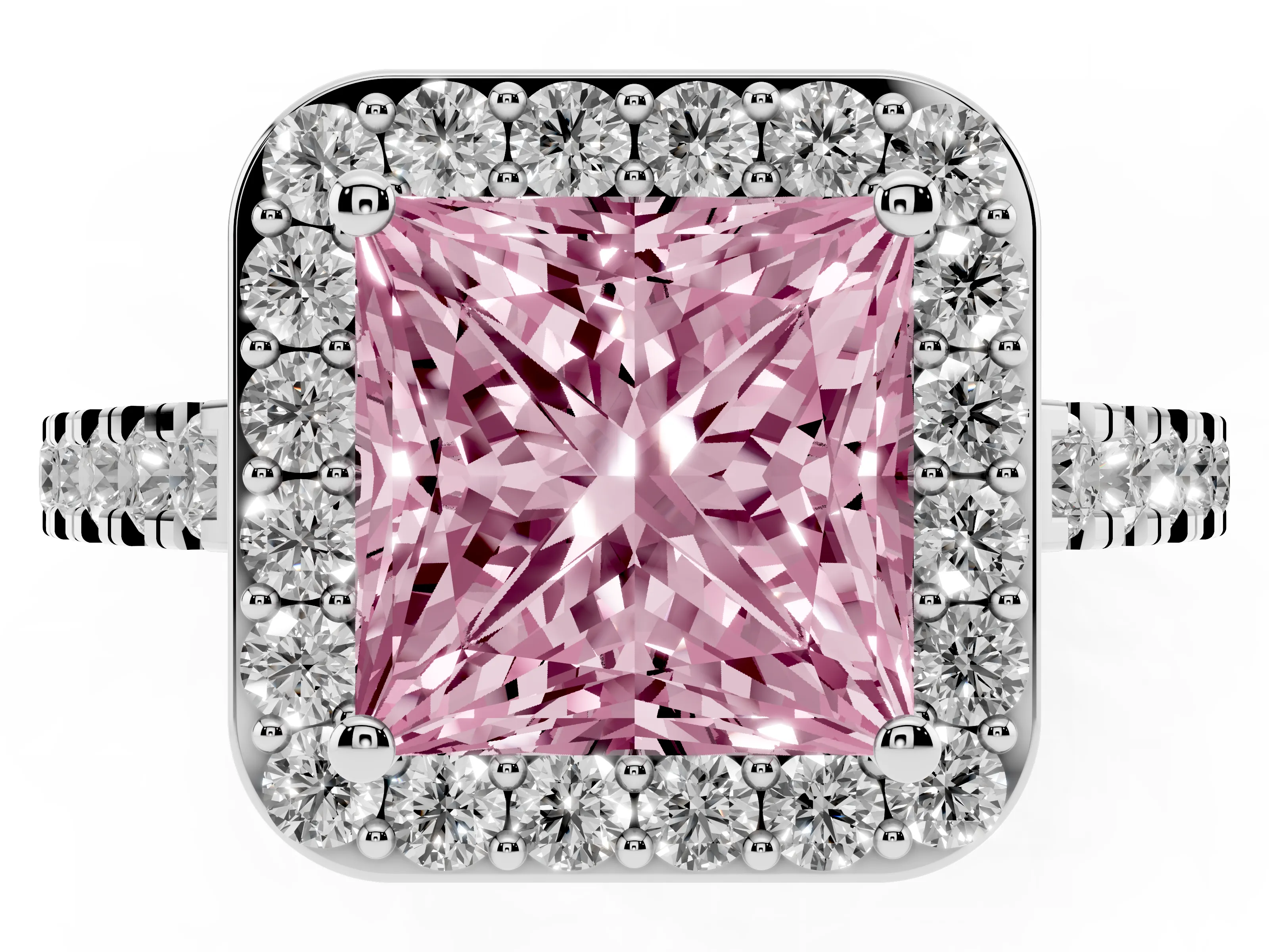 Fancy Pink Princess Cut Diamond Halo Ring Set in White gold with Round Pavé Split Shank and Prong Setting