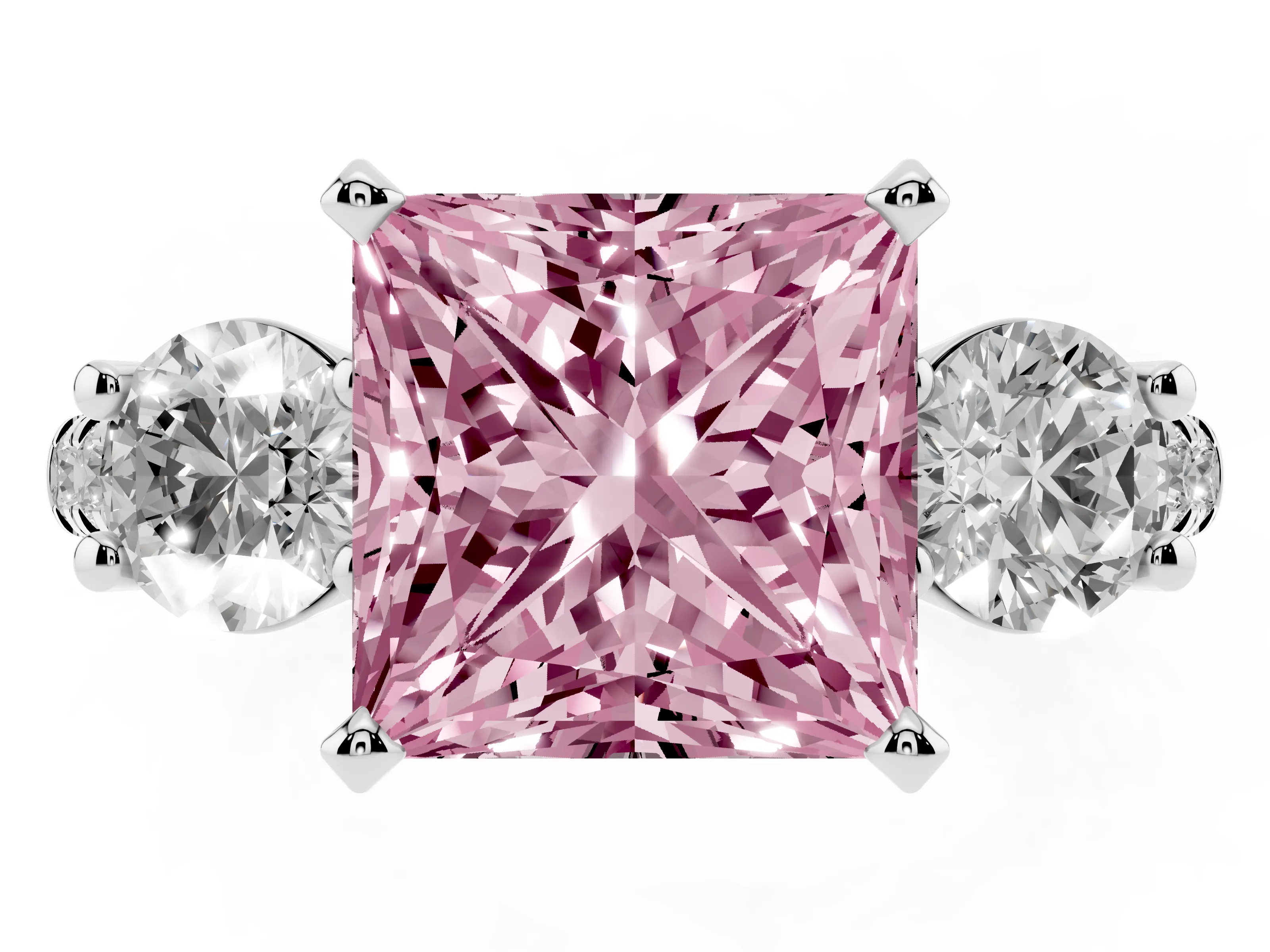 Fancy Pink Three-Stone Princess Cut Diamond Pavé Band Ring Set in Platinum with Prong-Set Trio