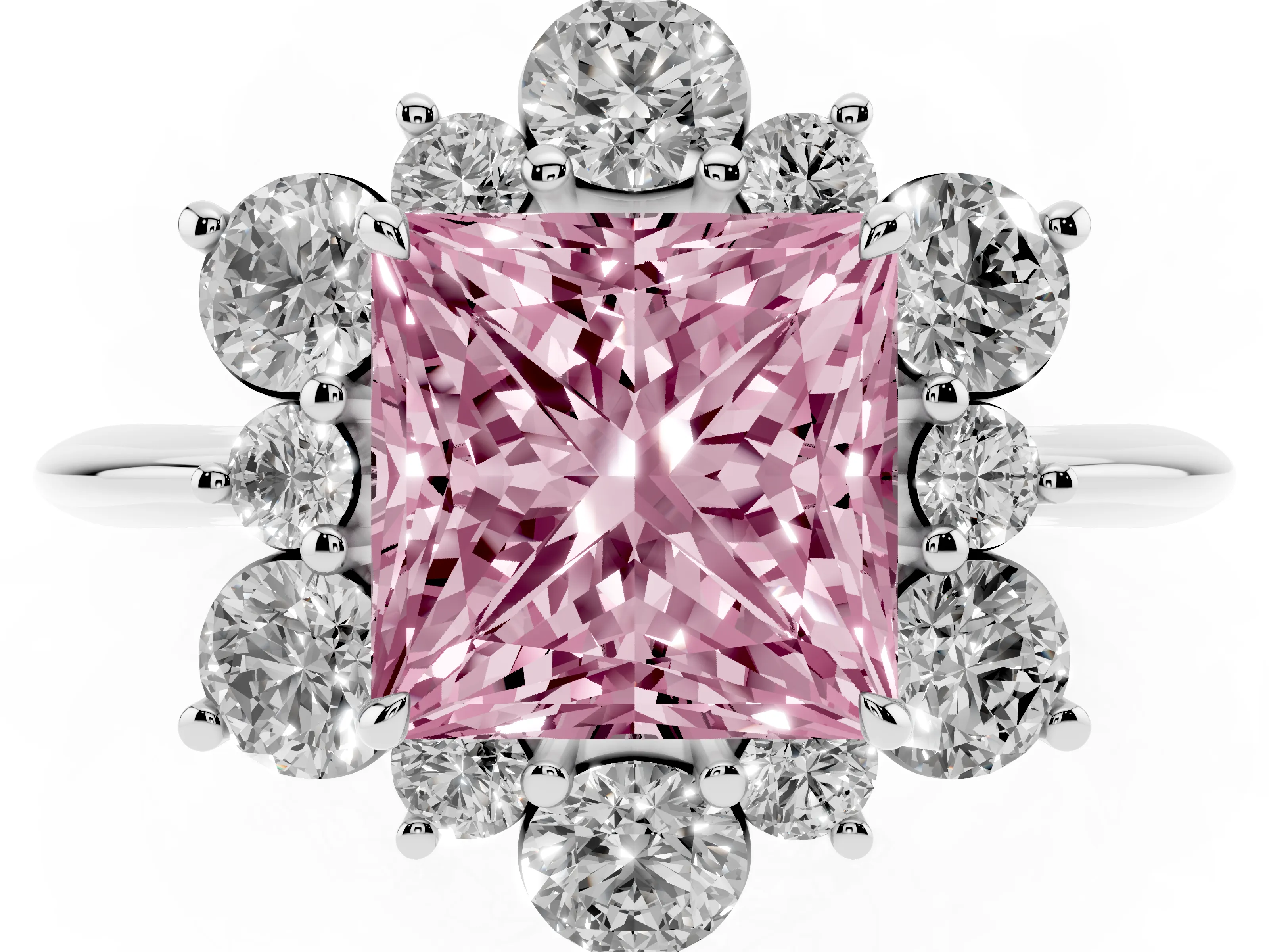 Fancy Pink Princess Cut Diamond Cluster Halo Ring Set in Silver with Solitaire Band and Prong Setting