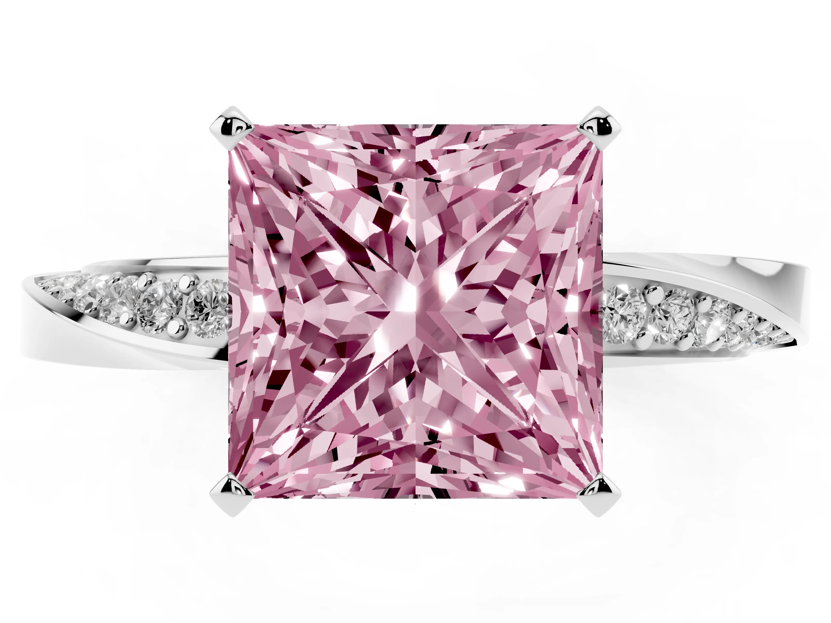 Fancy Pink Princess Cut Diamond Engagement Ring Set in Platinum with Side Stone Accents and Prong Setting