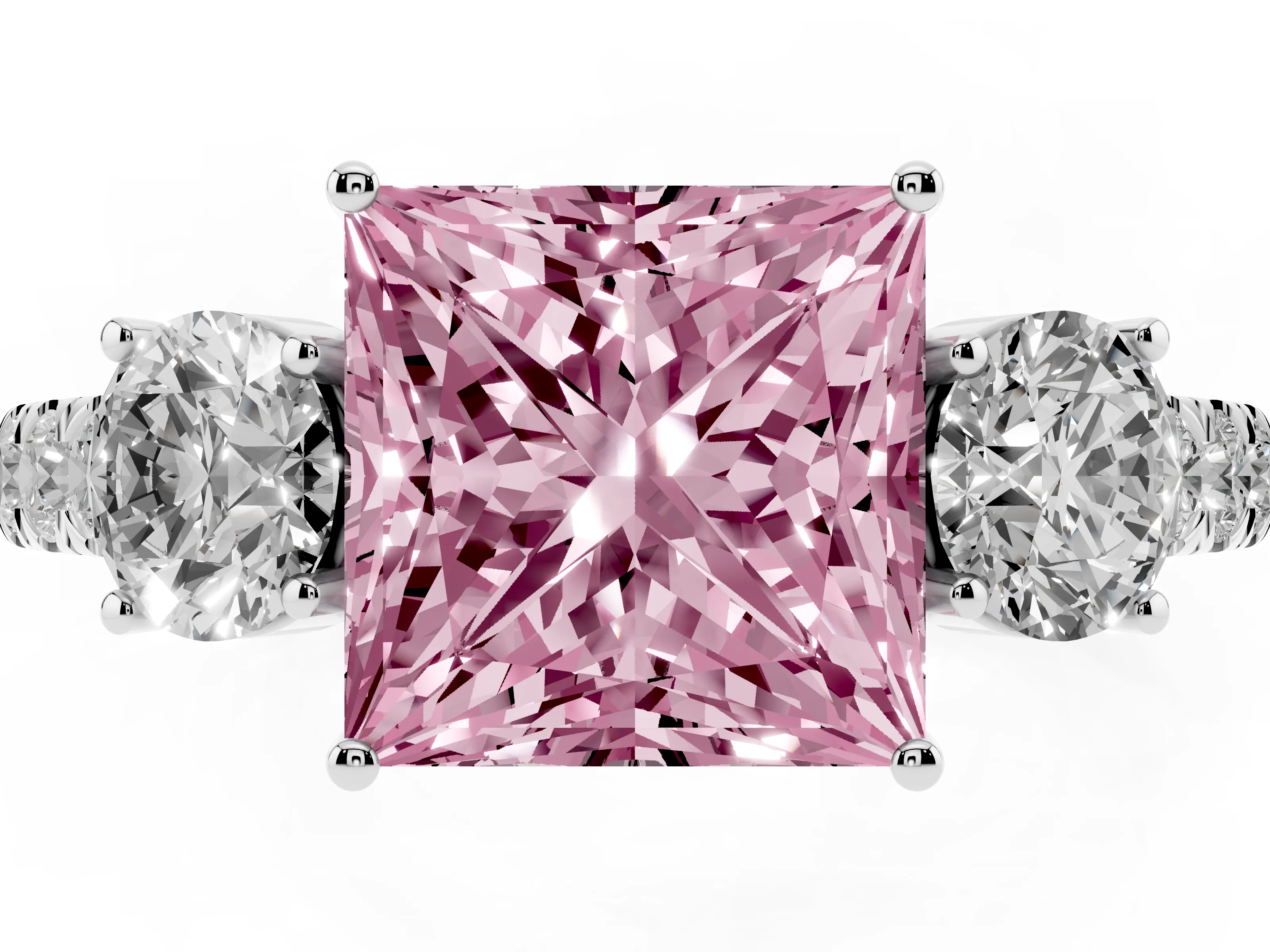 Fancy Pink Princess Cut Diamond Three-Stone Ring Set in Silver with Round Side Stones and Delicate Pavé Band