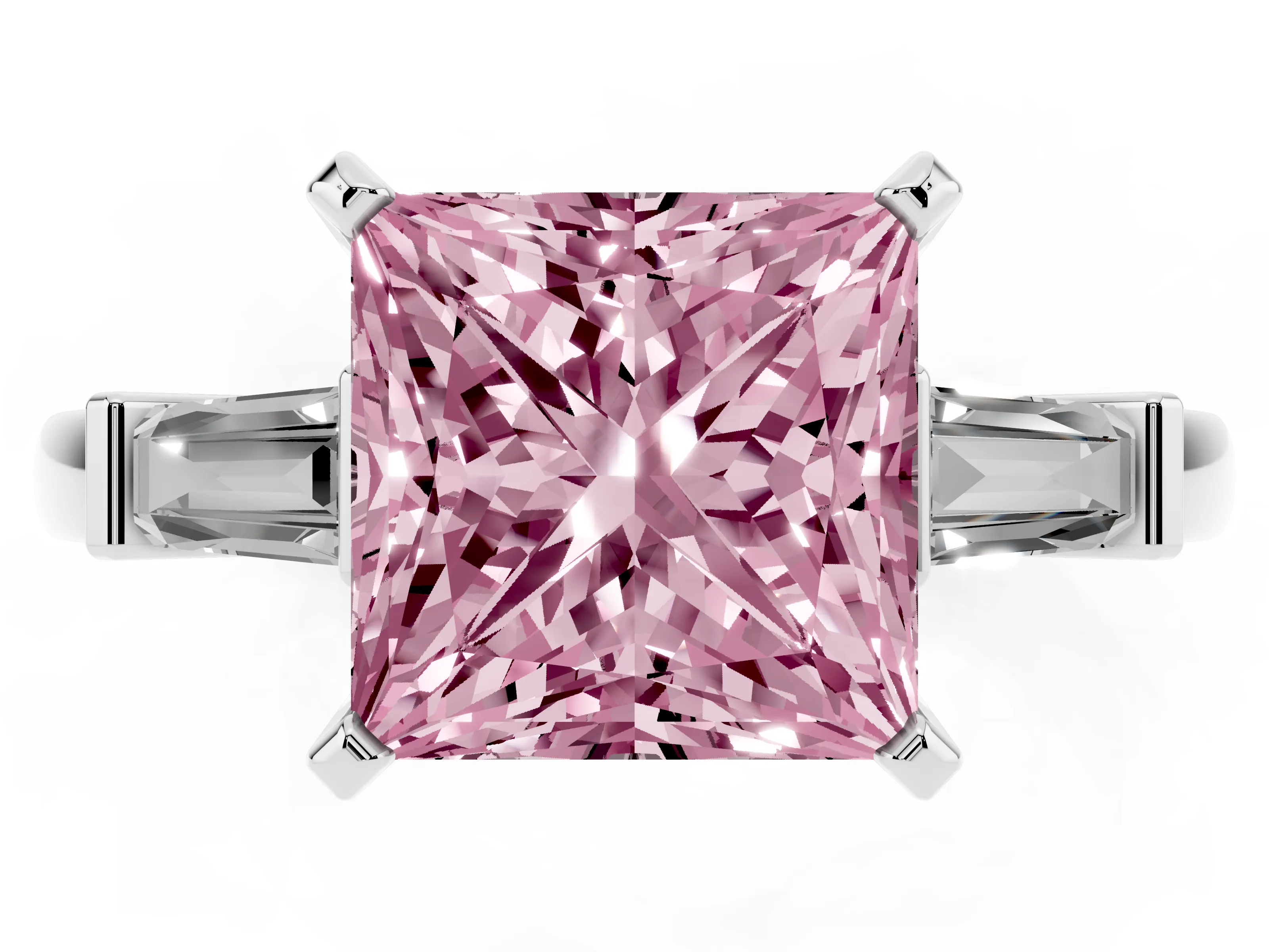 Fancy Pink Princess Cut Diamond Solitaire Ring Set in White gold with Tapered Baguette Accents and Prong Setting