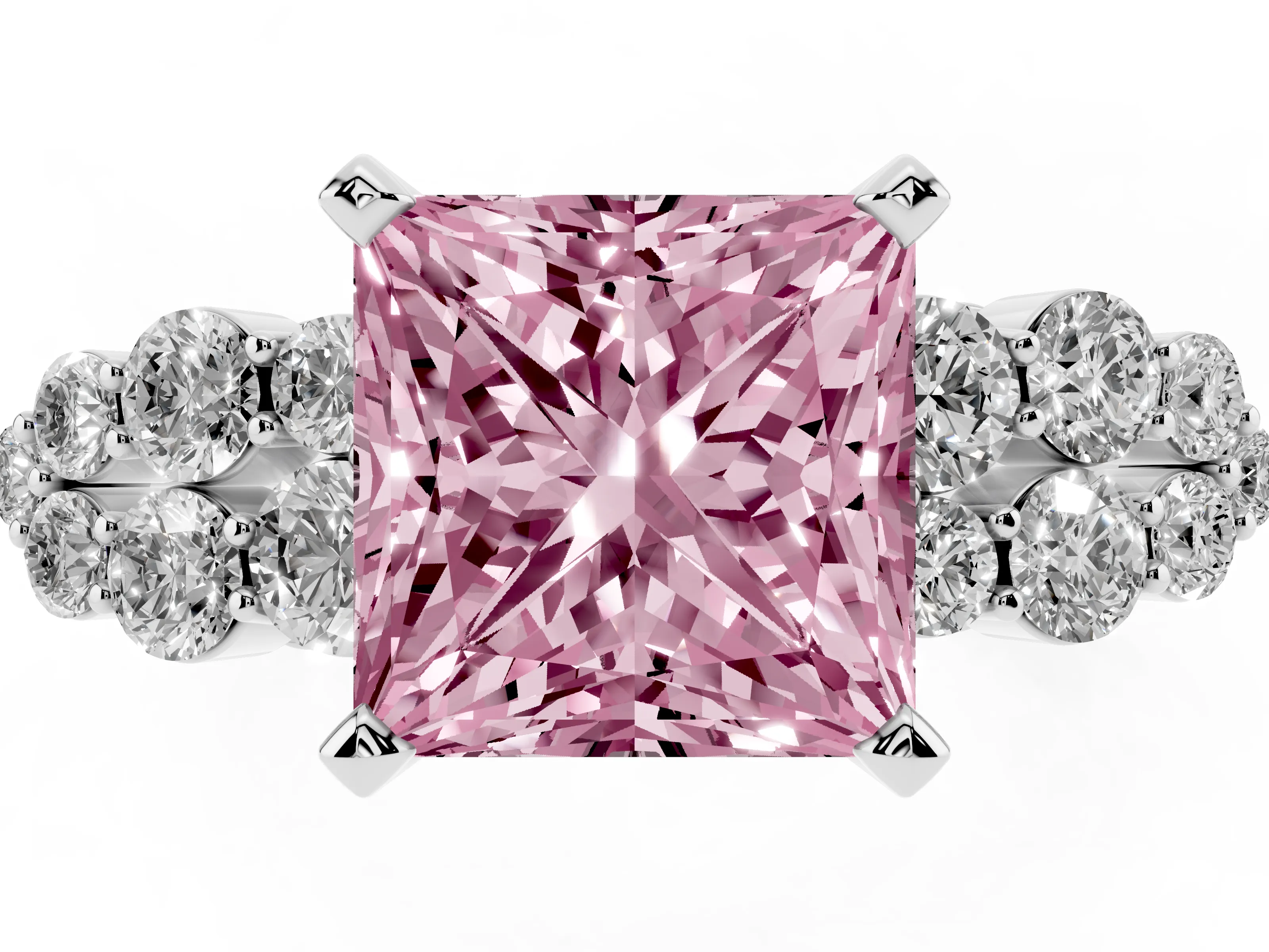 Fancy Pink Princess Cut Diamond Cluster Engagement Ring Set in Platinum with Pavé Band and Prong Setting