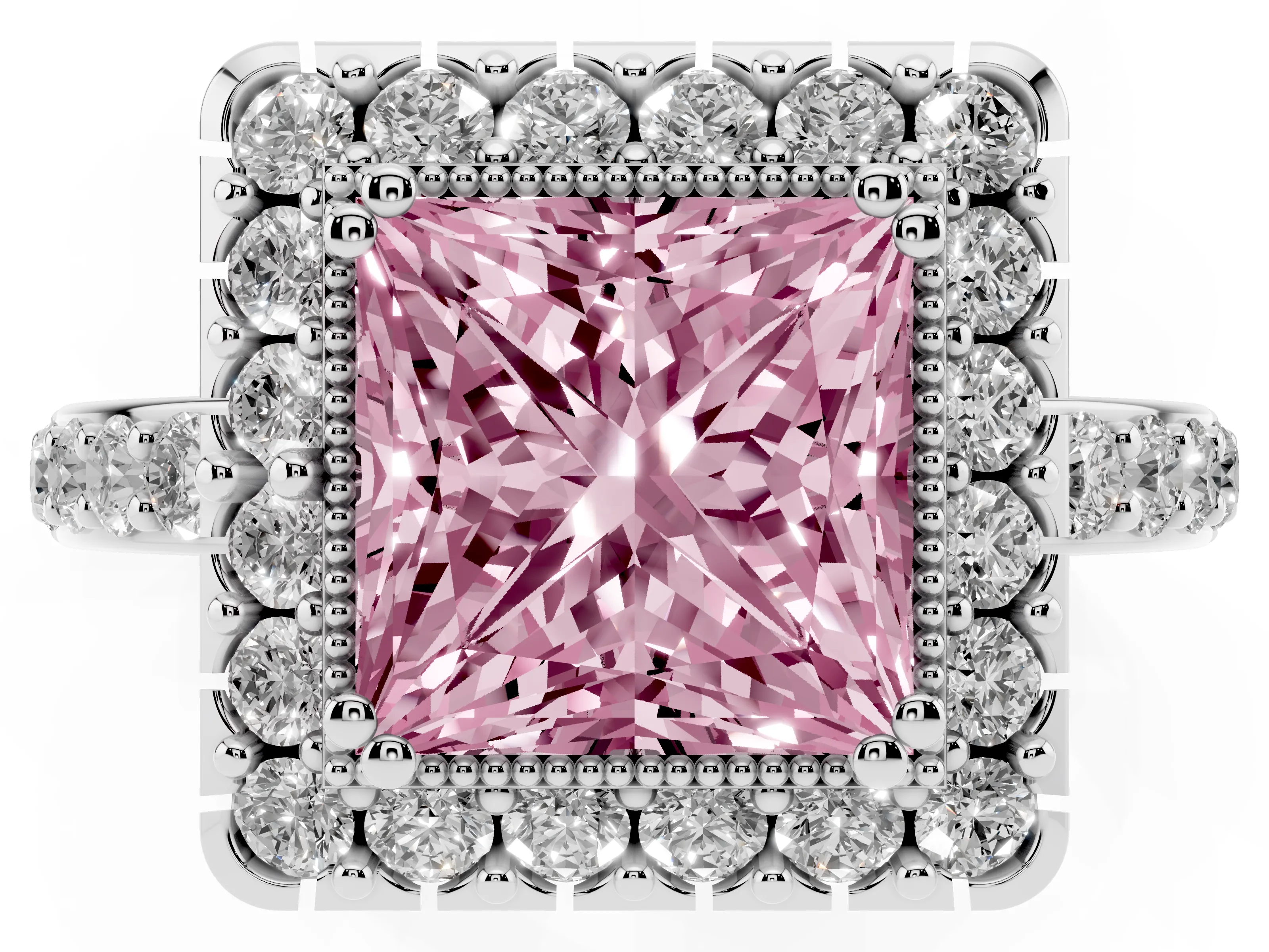 Fancy Pink Princess Cut Diamond Halo Ring Set in Silver with Pavé Shank and Prong Setting