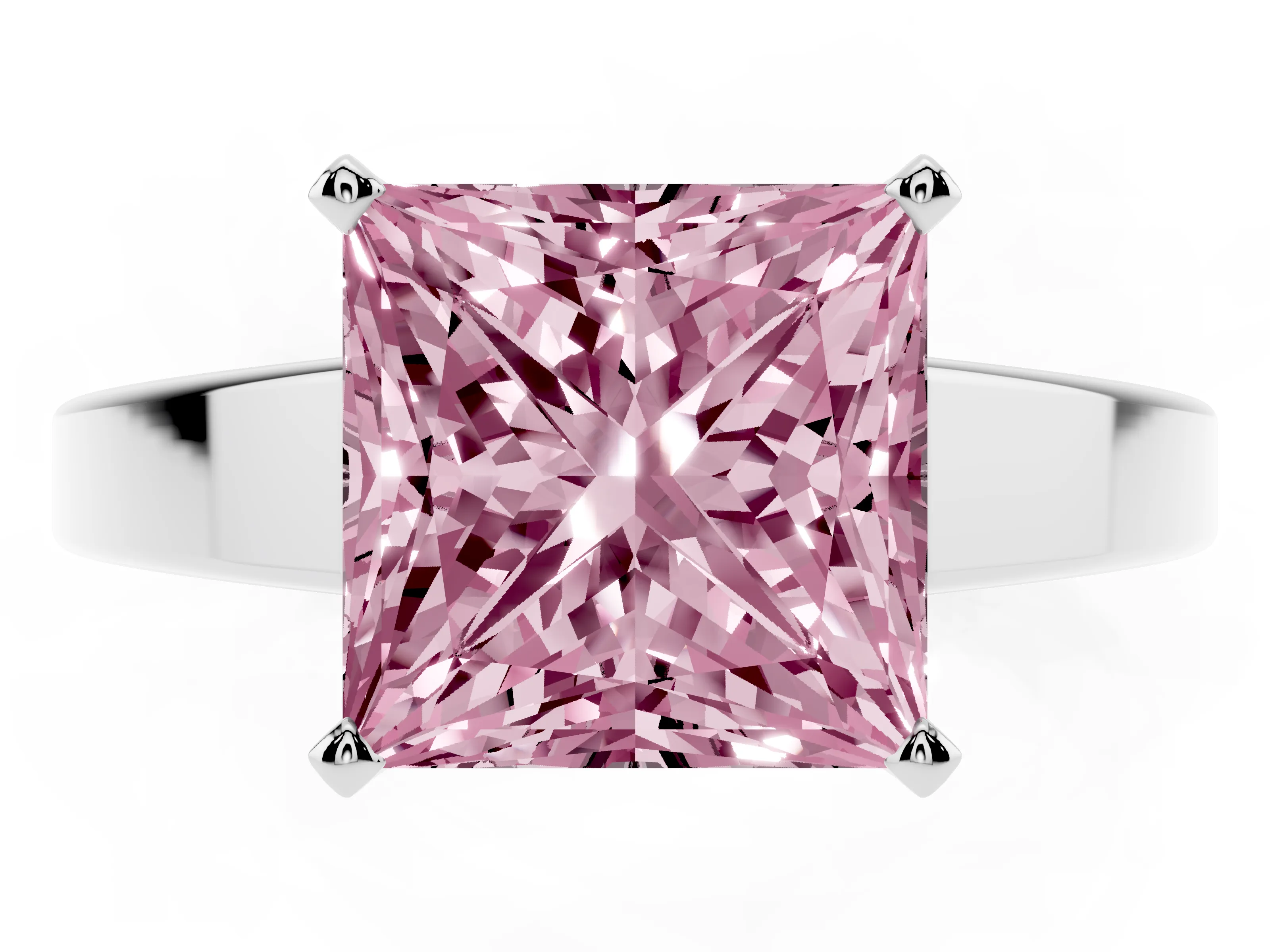 Fancy Pink Princess Cut Diamond Solitaire Engagement Ring Set in White gold with Prong Setting and Tapered Band