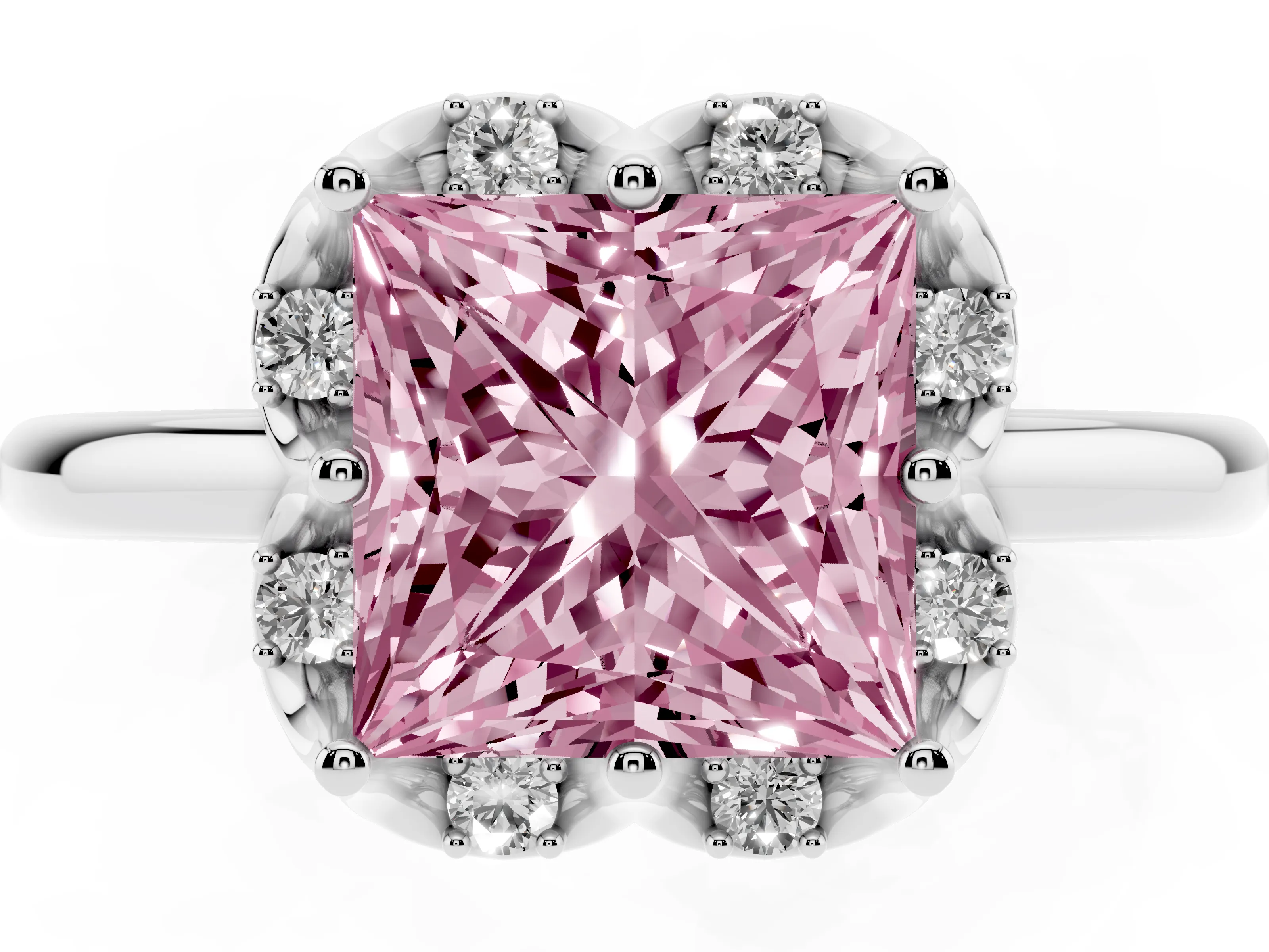Fancy Pink Princess Cut Diamond Round Cluster Halo Ring Set in Silver with Solitaire Band and Prong Setting