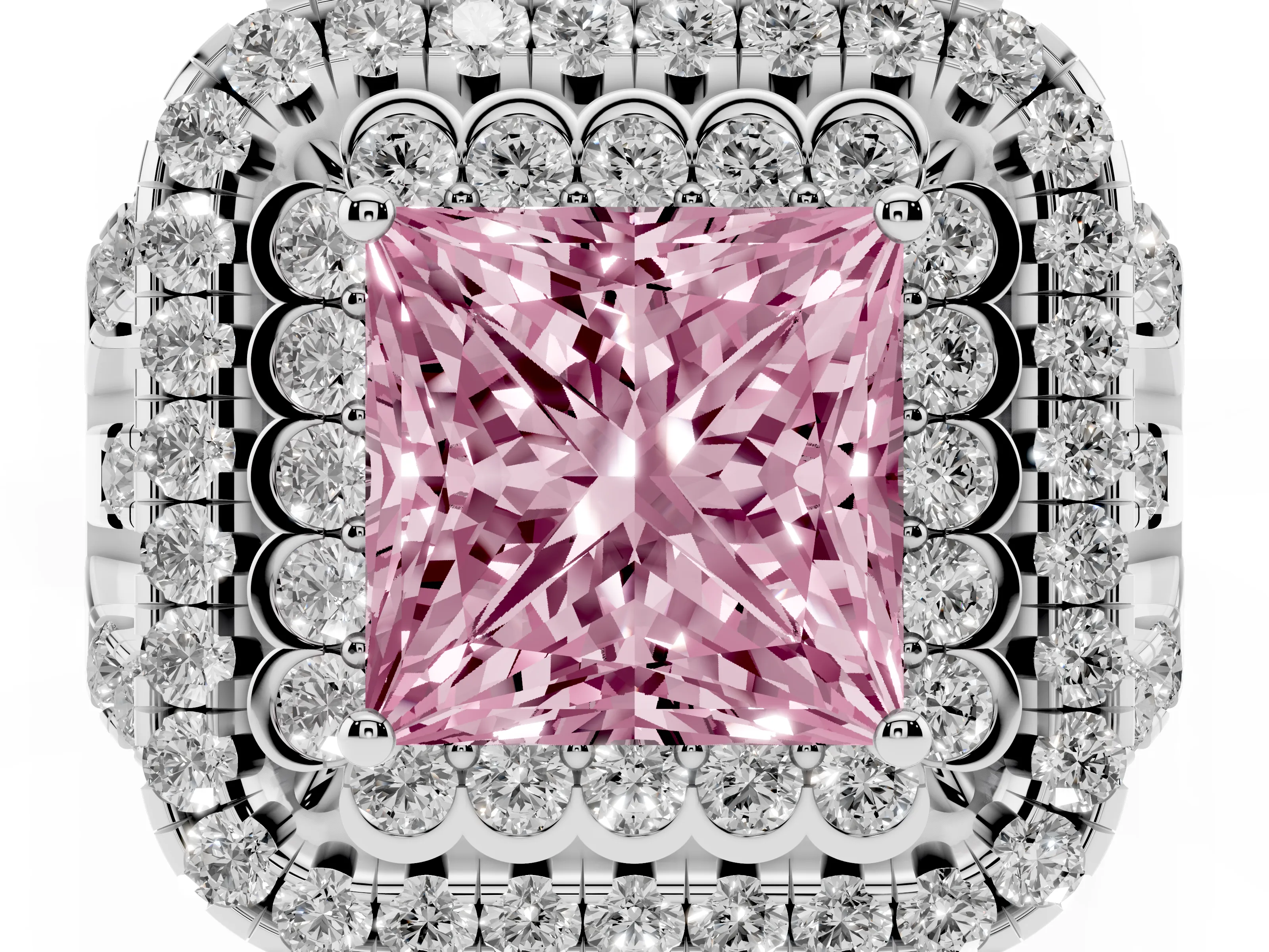 Fancy Pink Princess Cut Diamond Double Halo Ring Set in White gold with Round Pavé Split Shank