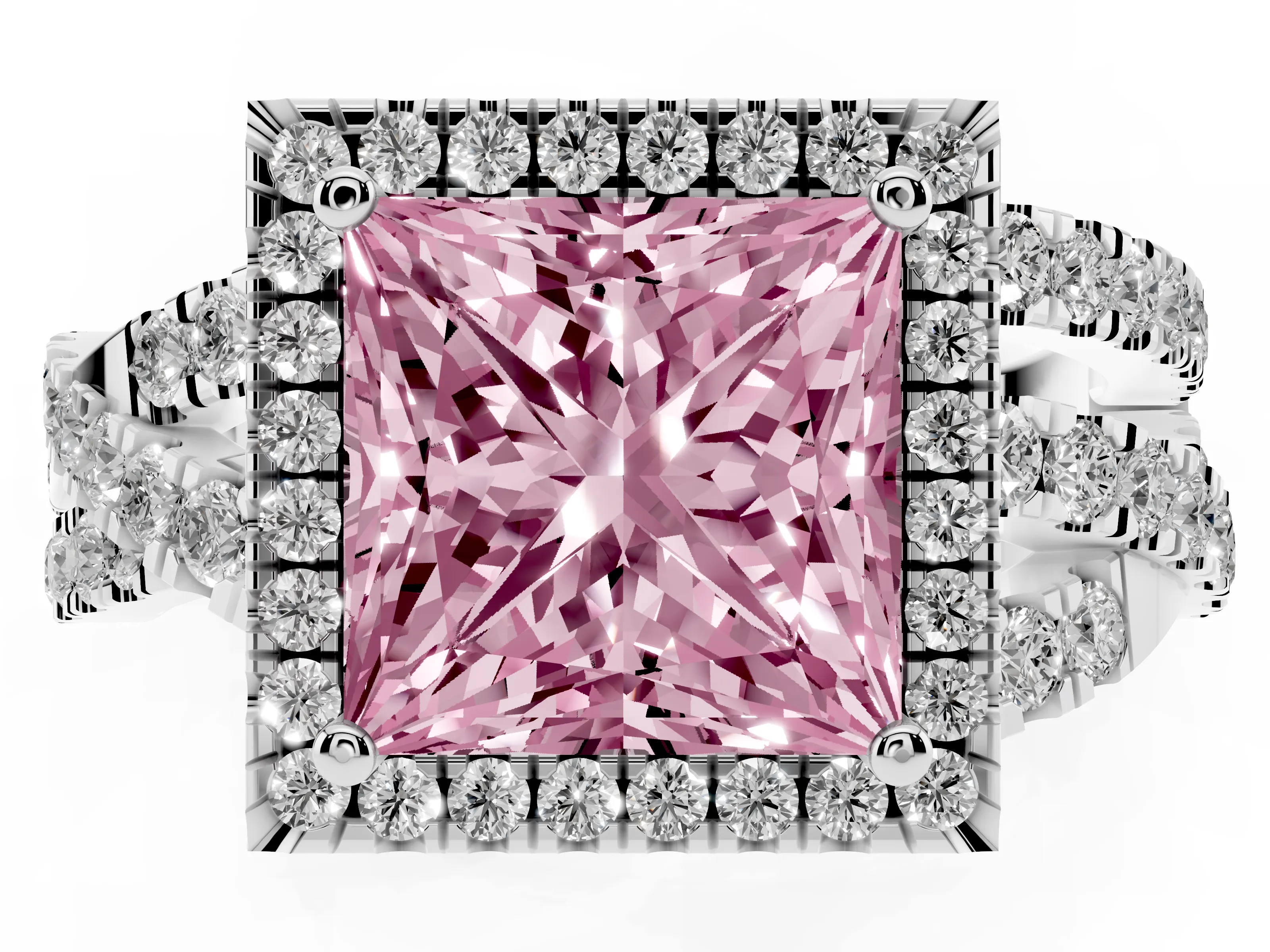 Fancy Pink Princess Cut Diamond Halo Ring Set in Silver with Round Crossover Split Shank and Prong Setting