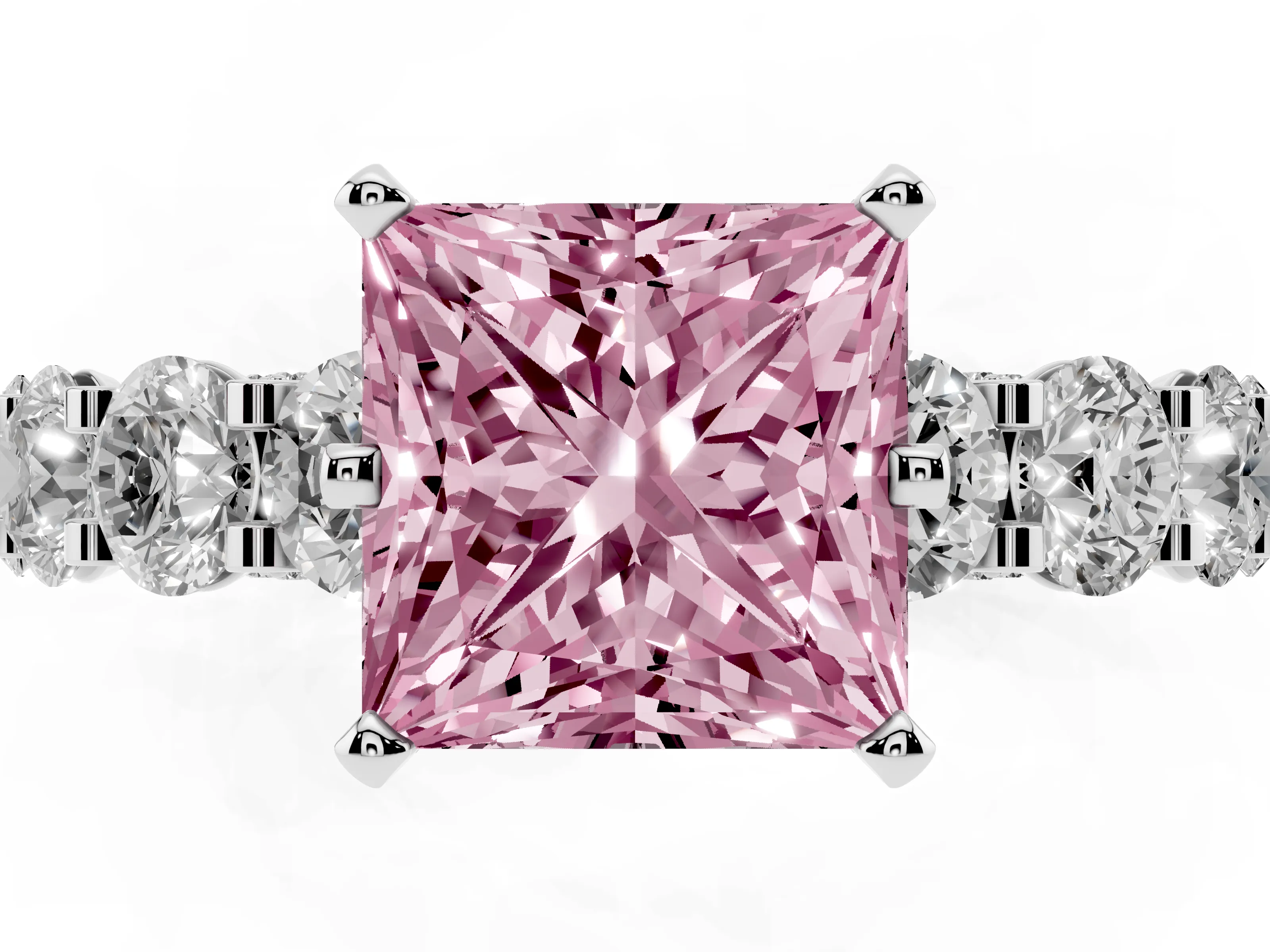 Fancy Pink Princess Cut Diamond Side Stone Ring Set in Silver with Alternating Round and Oval Side Stones
