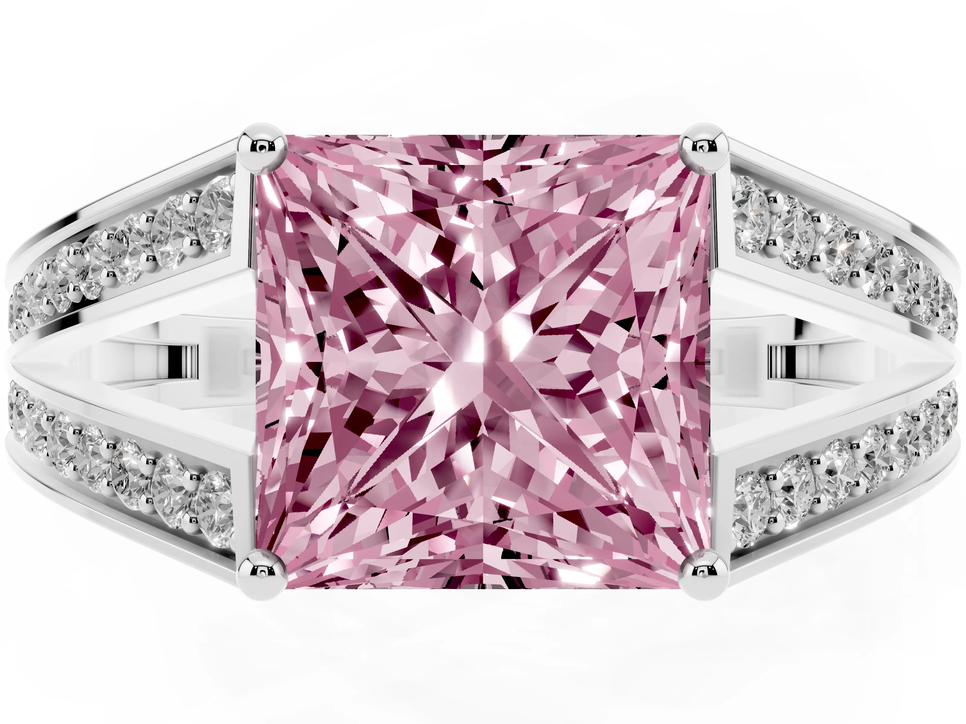 Fancy Pink Princess Cut Diamond Split Shank Ring Set in Silver with Pavé Band and Prong Setting