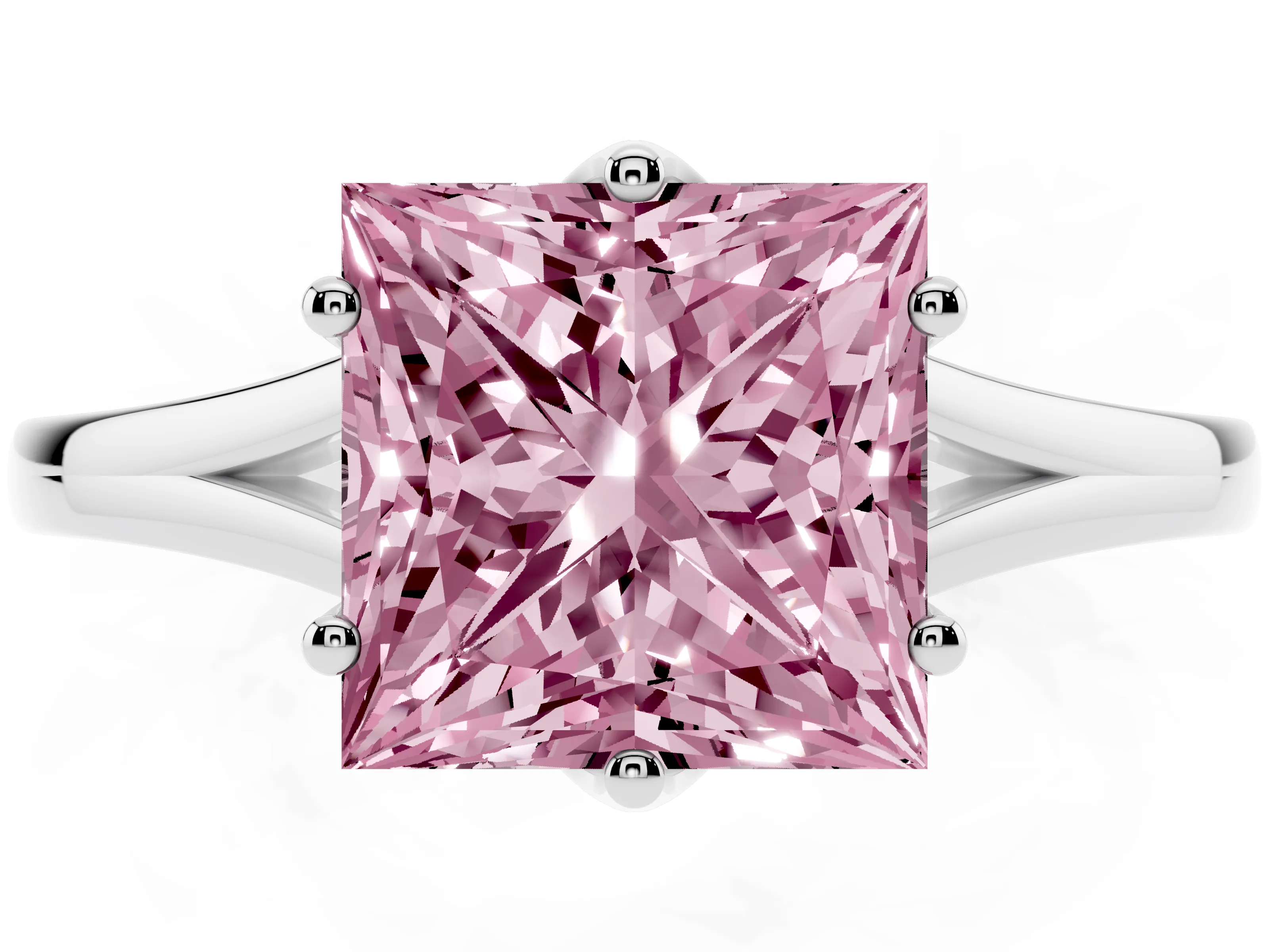 Fancy Pink Princess Cut Diamond Solitaire Ring Set in Platinum with Polished Tapered Band and Prong Setting