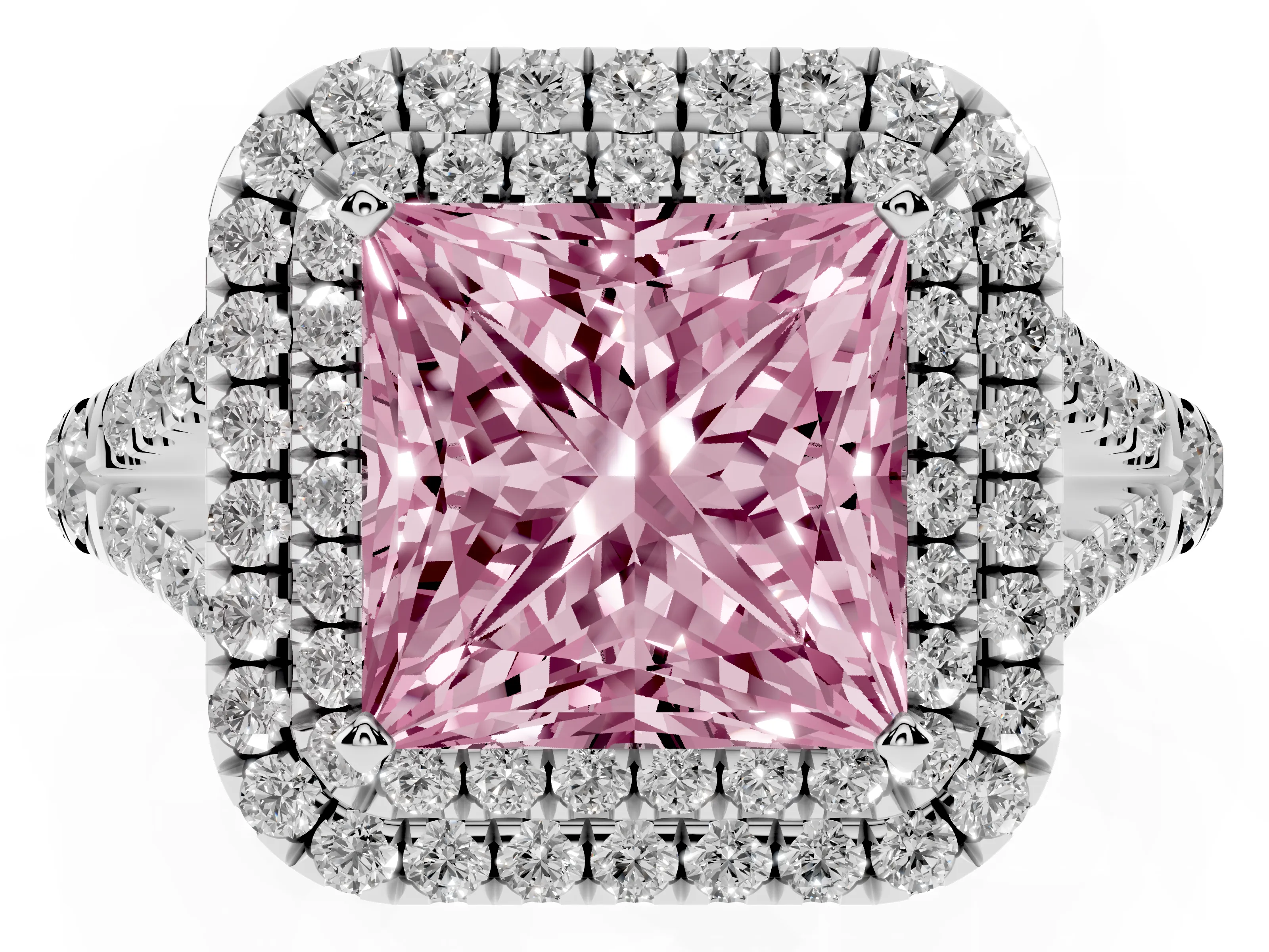 Fancy Pink Princess Cut Diamond Pavé Split Shank Double Halo Engagement Ring Set in Platinum