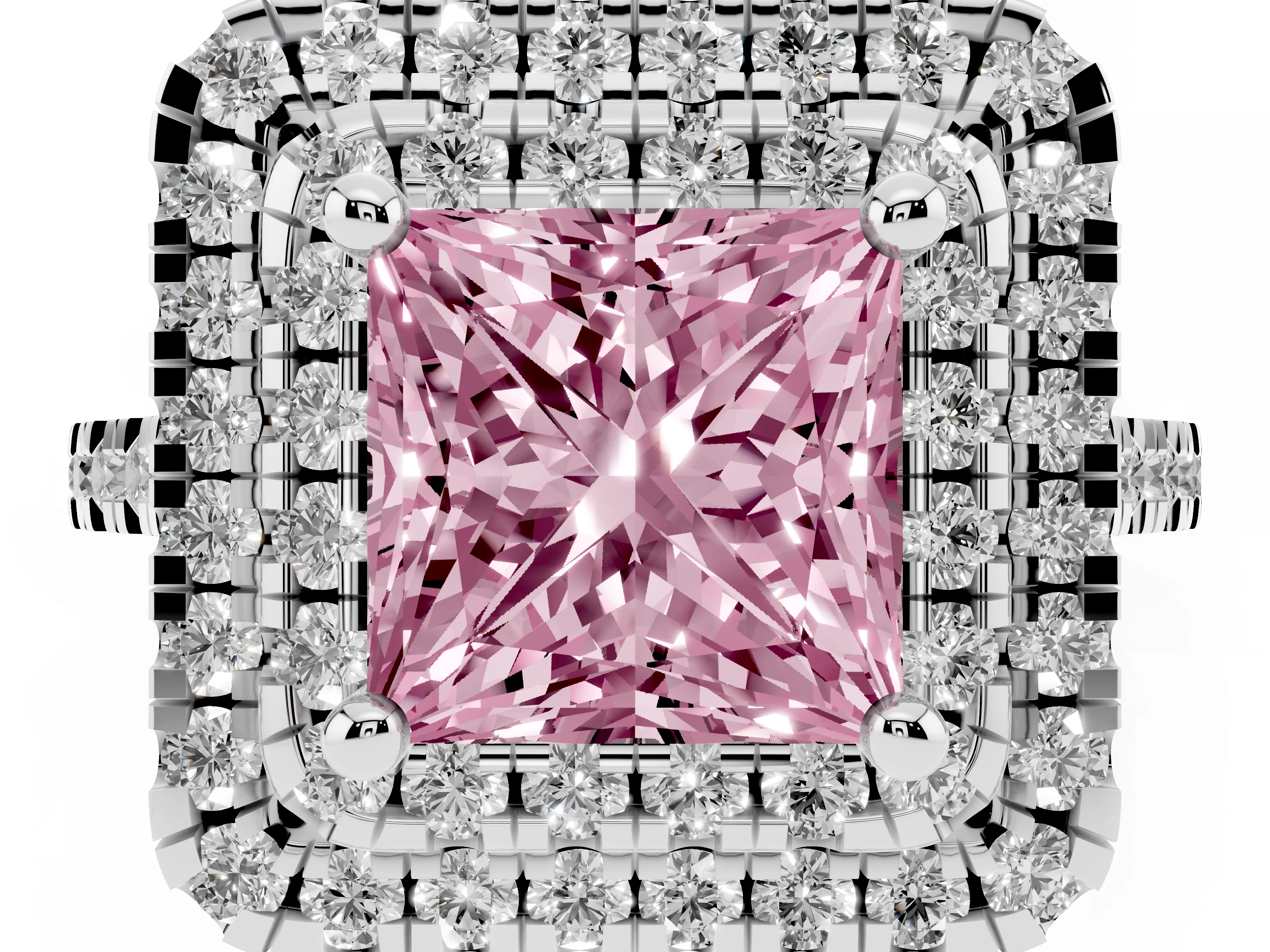 Fancy Pink Princess Cut Diamond Double Halo Statement Ring Set in White gold with Pavé Band